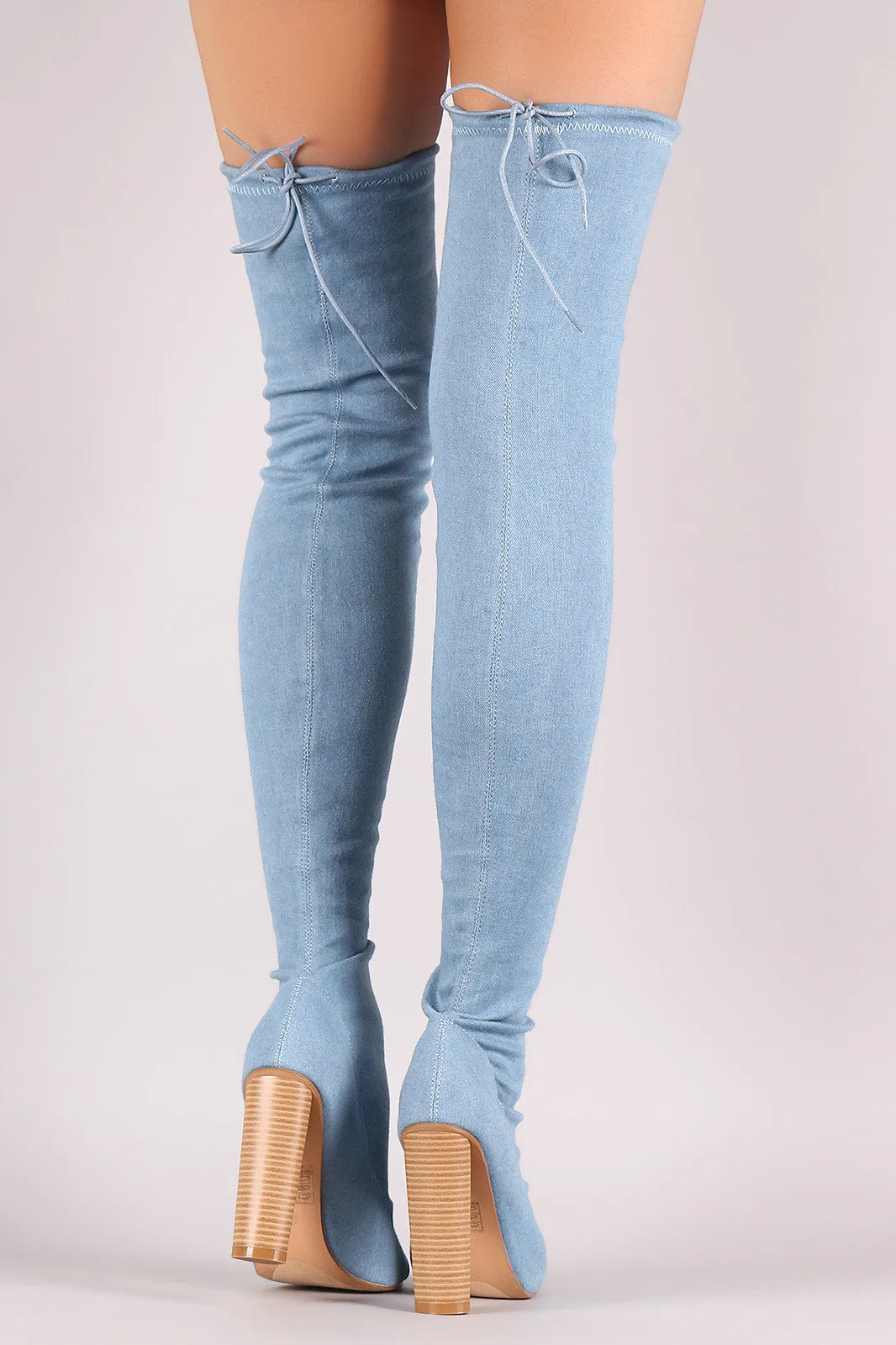 Drawstring Collar Heeled Over-The-Knee Fitted Denim Boots