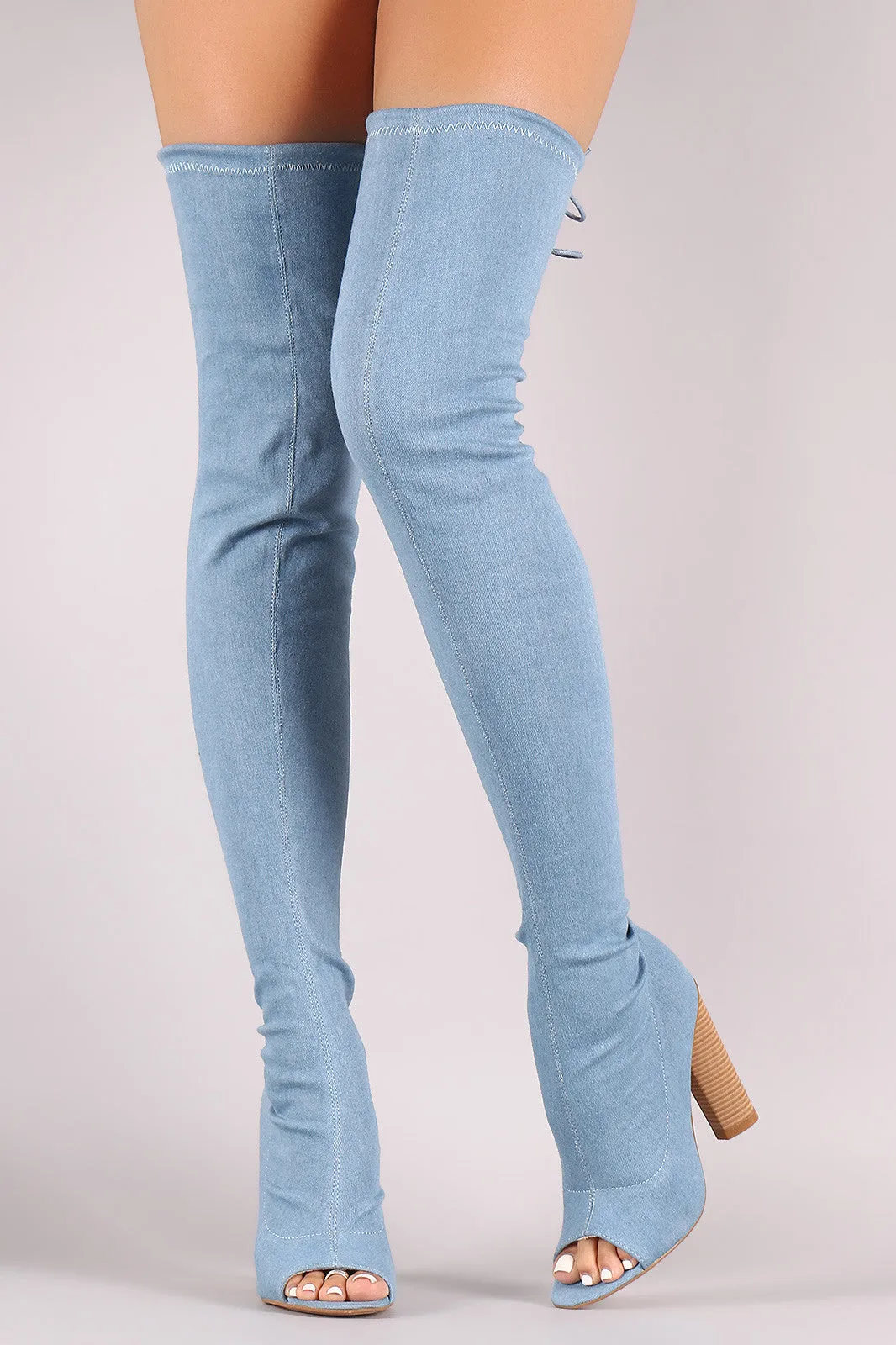 Drawstring Collar Heeled Over-The-Knee Fitted Denim Boots