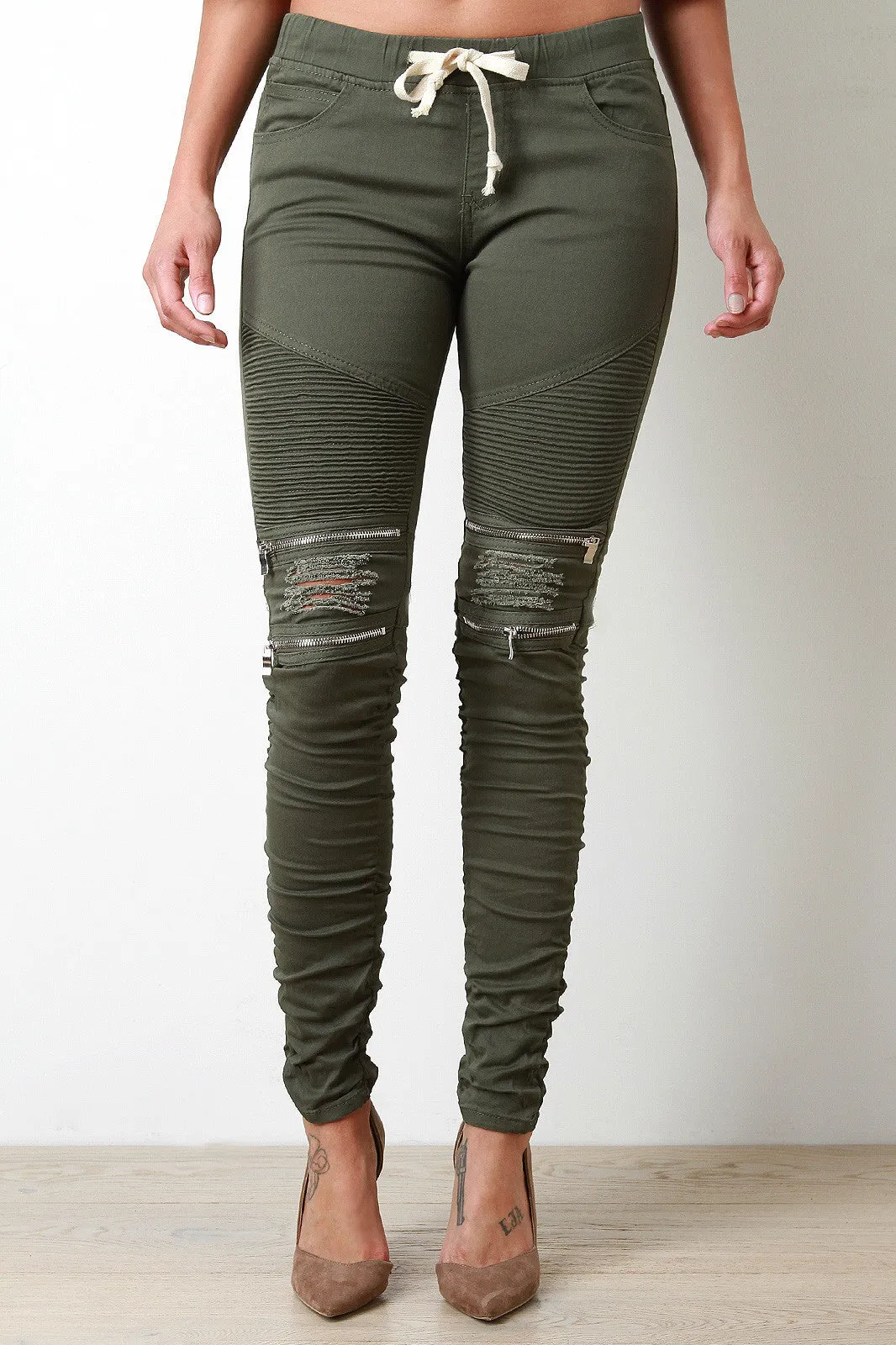 Drawstring Waist Edgy Distressed Moto Jeans