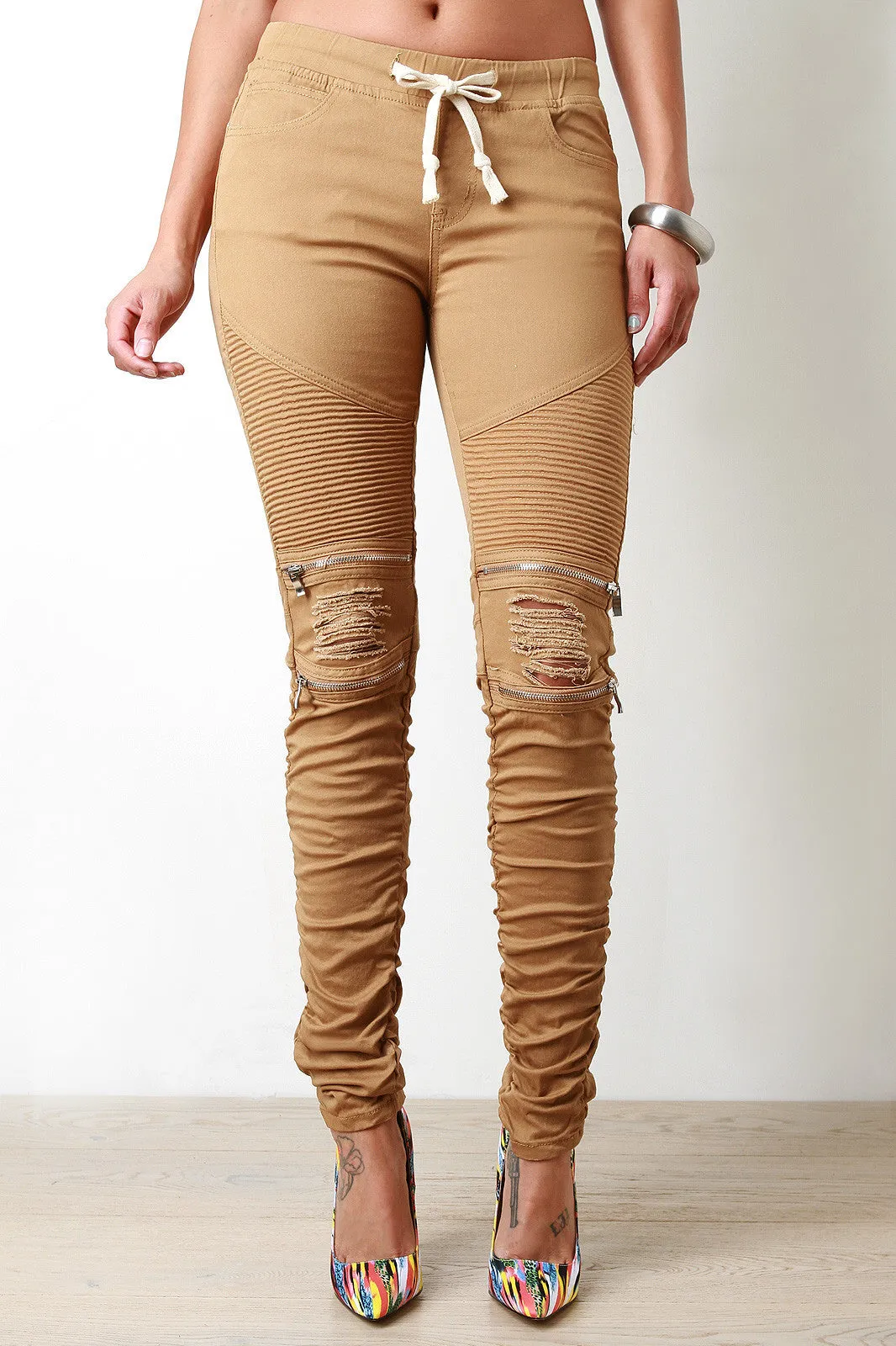 Drawstring Waist Edgy Distressed Moto Jeans