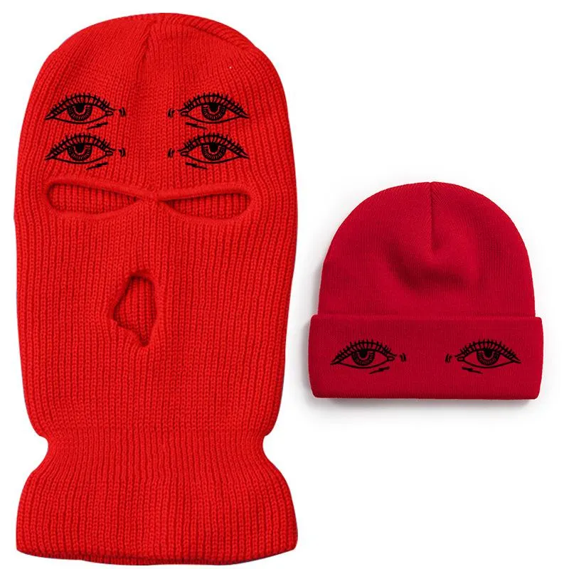 Eyes three-hole couple knit Beanie Two Piece