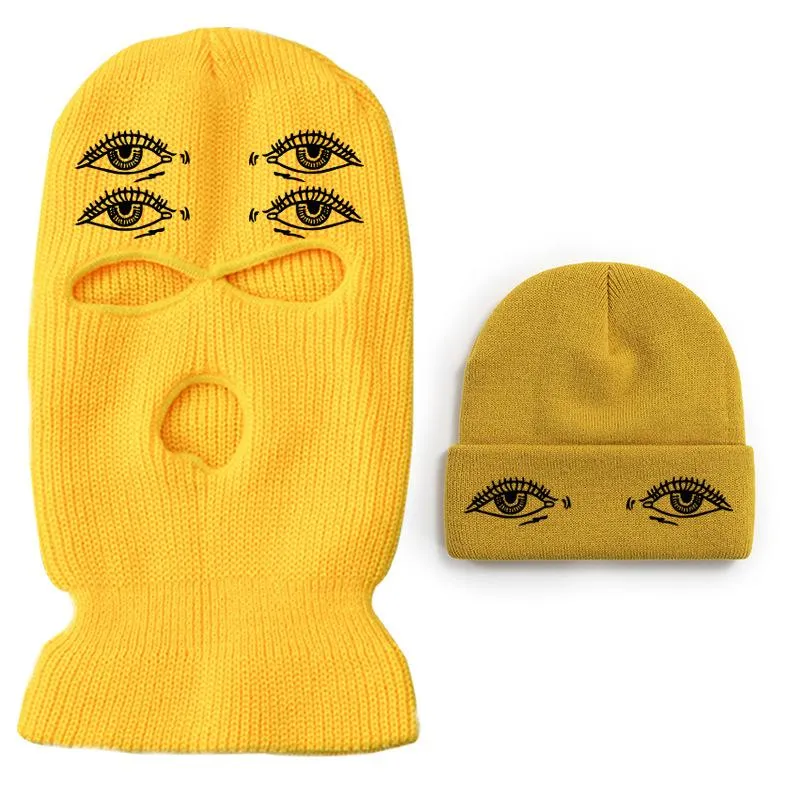 Eyes three-hole couple knit Beanie Two Piece