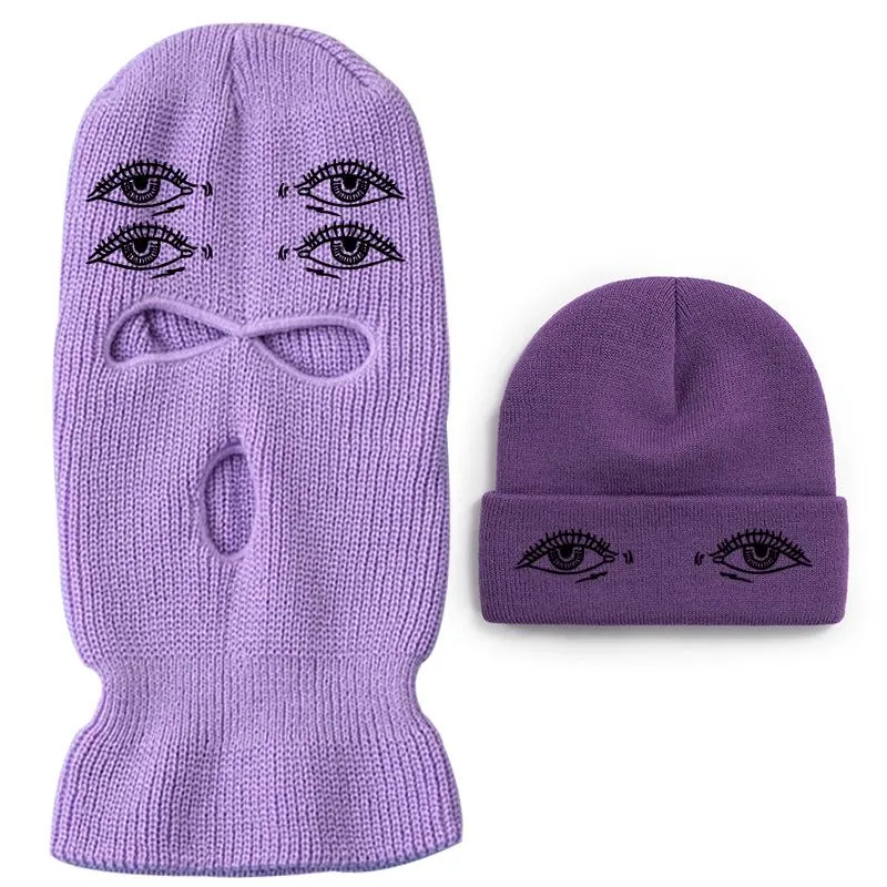 Eyes three-hole couple knit Beanie Two Piece