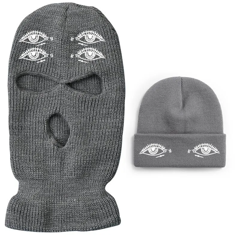 Eyes three-hole couple knit Beanie Two Piece