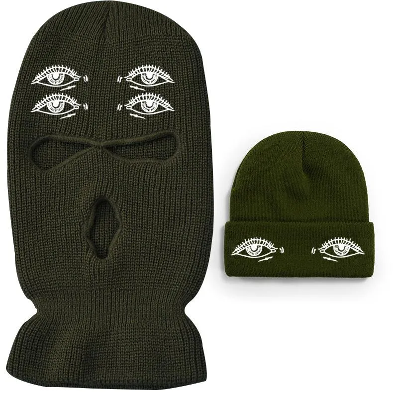 Eyes three-hole couple knit Beanie Two Piece