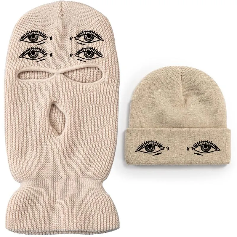 Eyes three-hole couple knit Beanie Two Piece