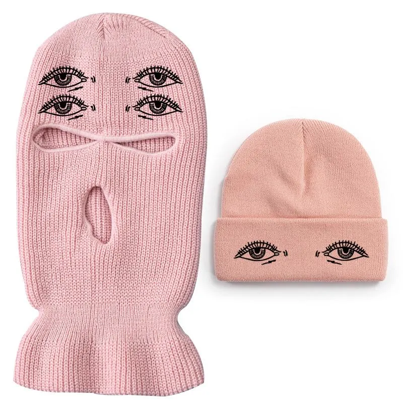 Eyes three-hole couple knit Beanie Two Piece