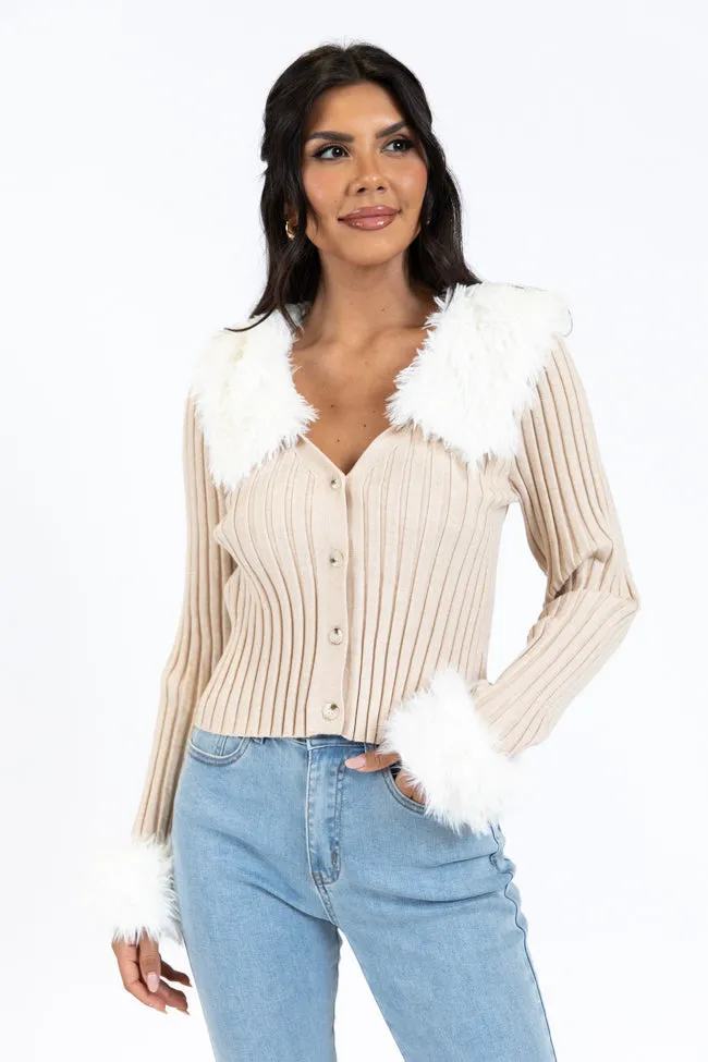 Fake It Until You Make It Beige Faux Fur Trim Cardigan SALE