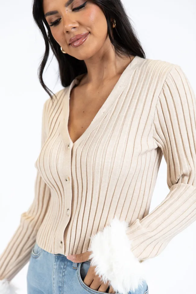 Fake It Until You Make It Beige Faux Fur Trim Cardigan SALE