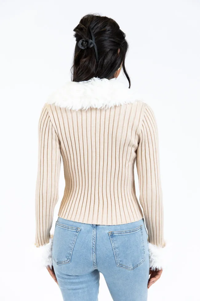 Fake It Until You Make It Beige Faux Fur Trim Cardigan SALE