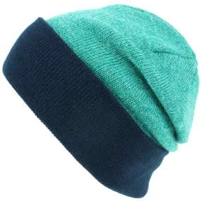 Fine Knit Marl Beanie Hat with Navy Turn-up - Green