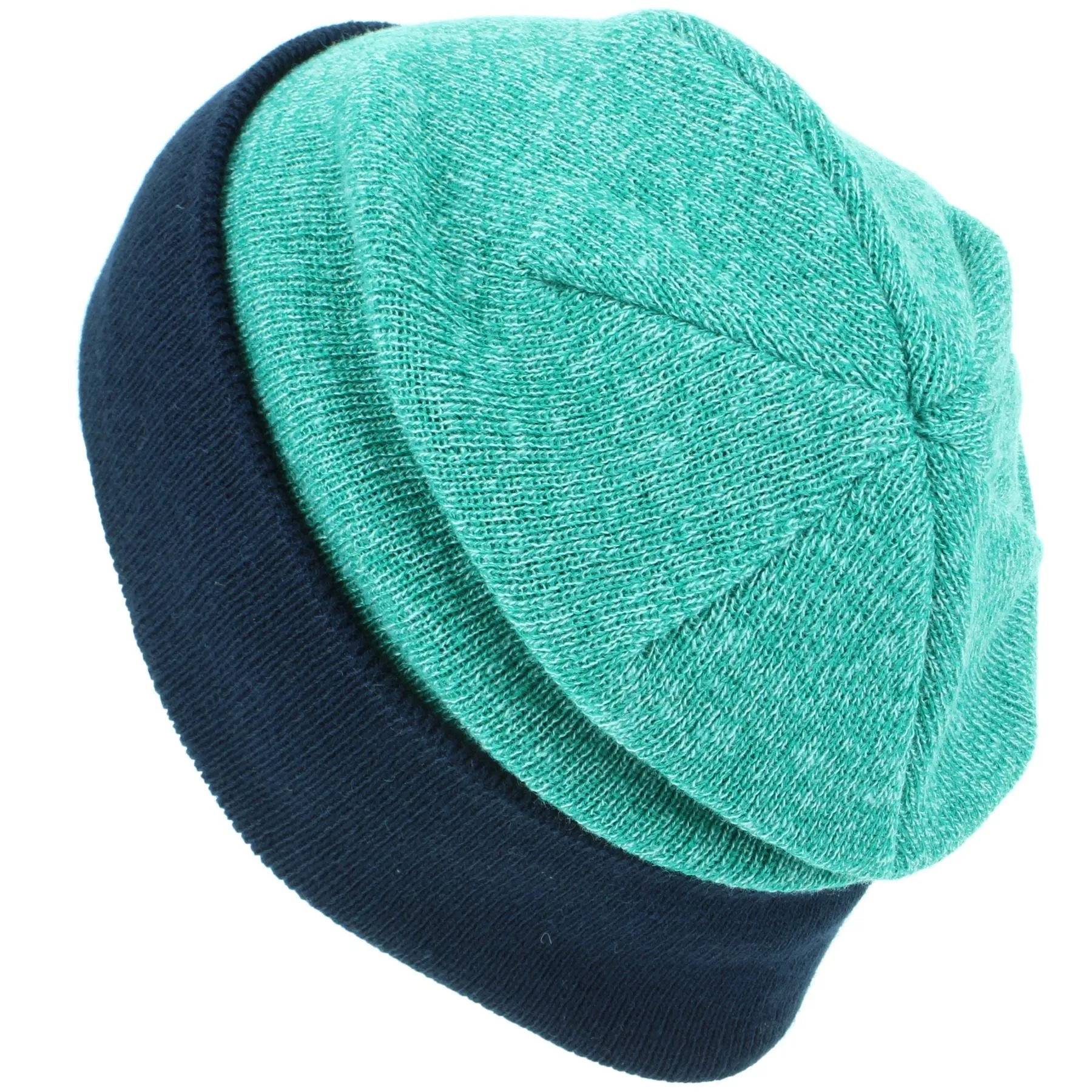 Fine Knit Marl Beanie Hat with Navy Turn-up - Green