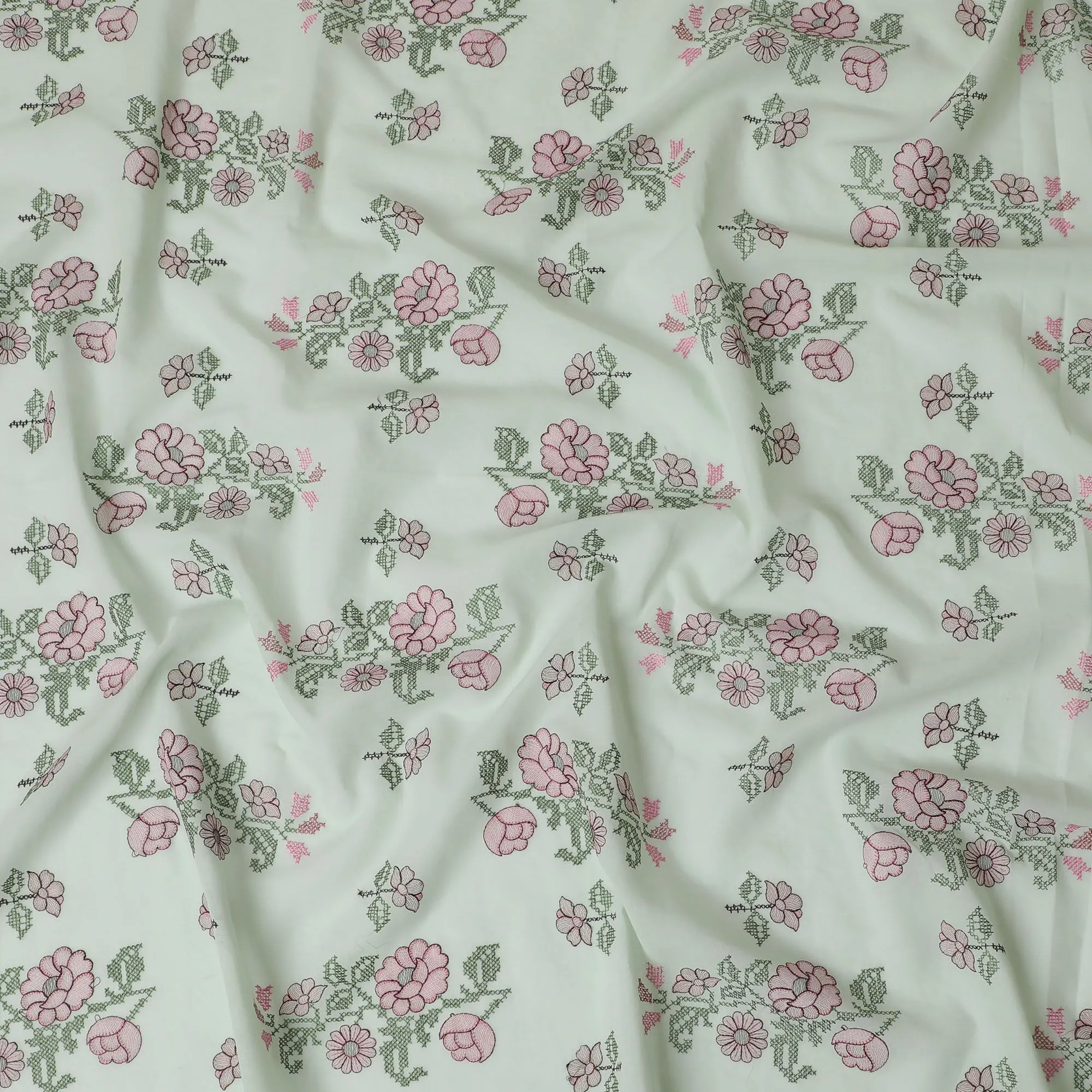 Floral Whisper Cotton Lawn Fabric - Soft White with Pink & Green Embroidery, 110cm Width-D18750