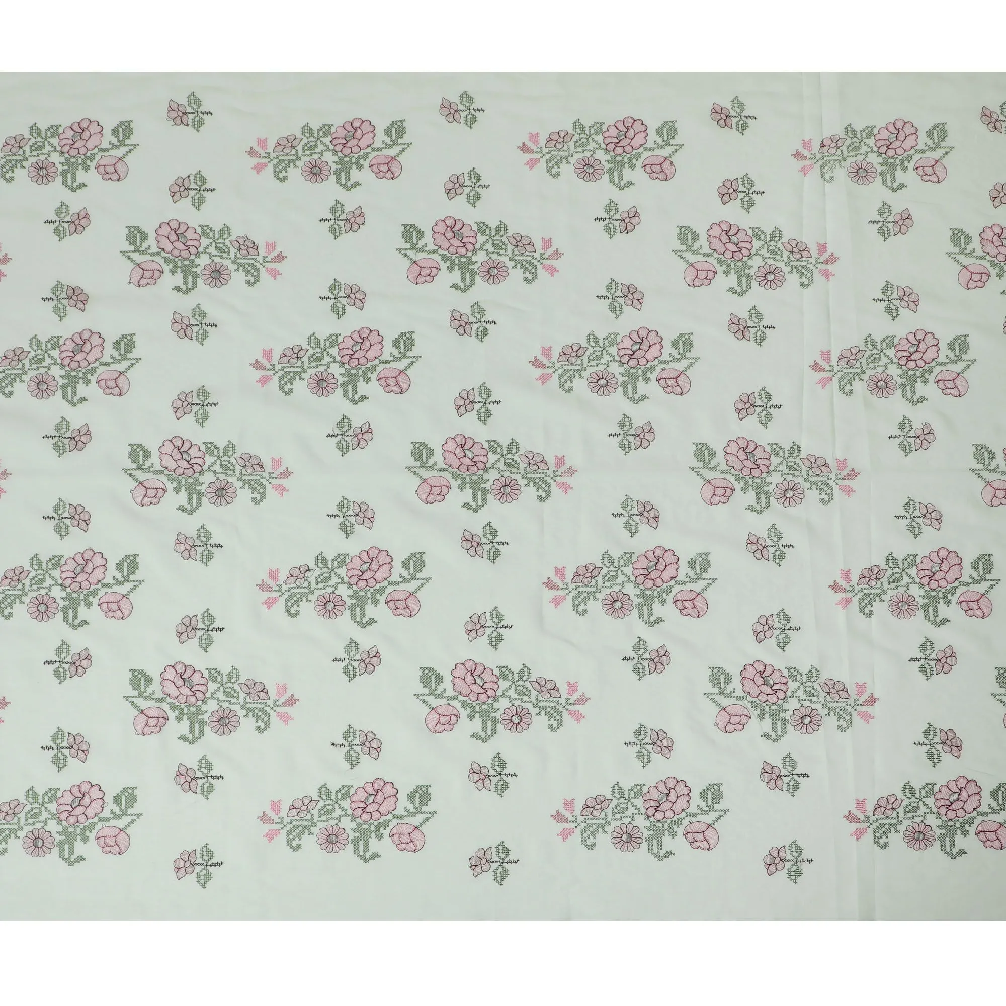 Floral Whisper Cotton Lawn Fabric - Soft White with Pink & Green Embroidery, 110cm Width-D18750