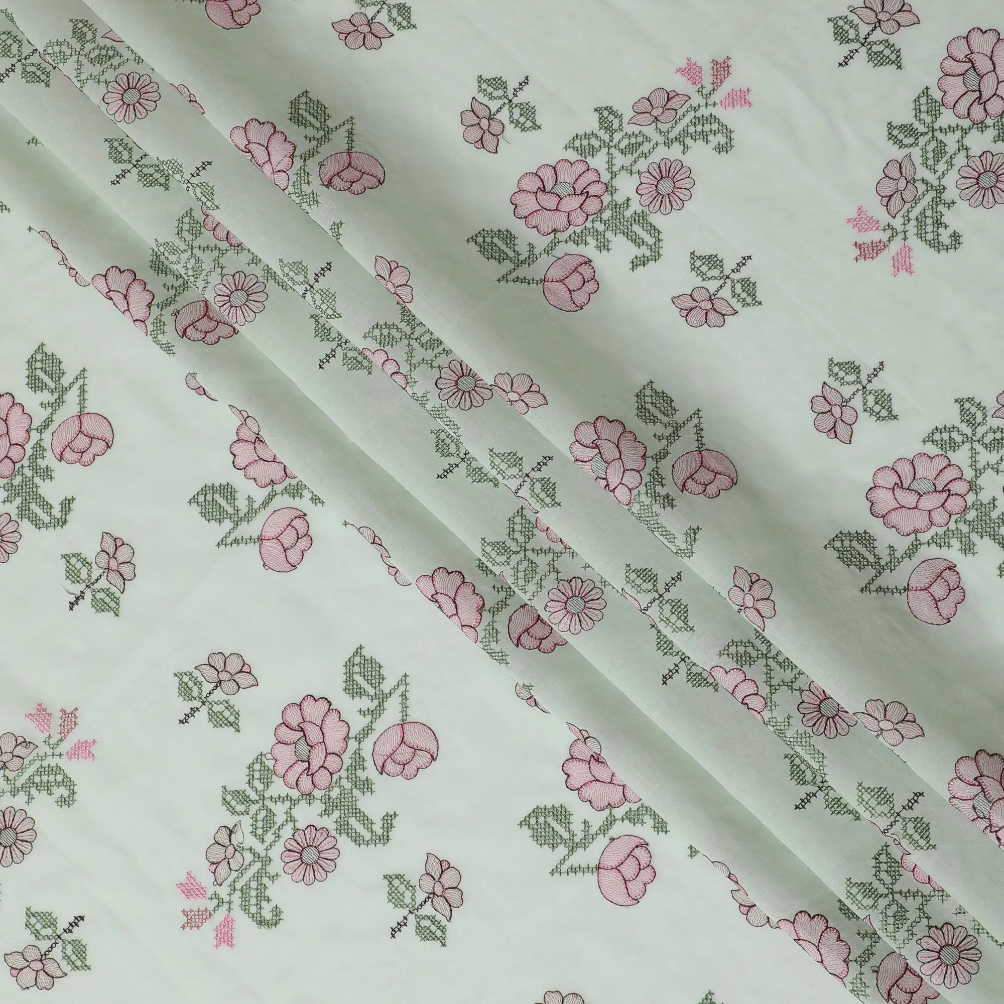 Floral Whisper Cotton Lawn Fabric - Soft White with Pink & Green Embroidery, 110cm Width-D18750