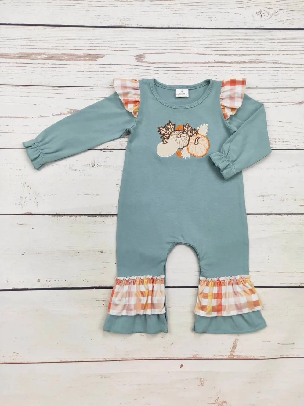 Girl Pumpkin Appliqué Plaid Romper