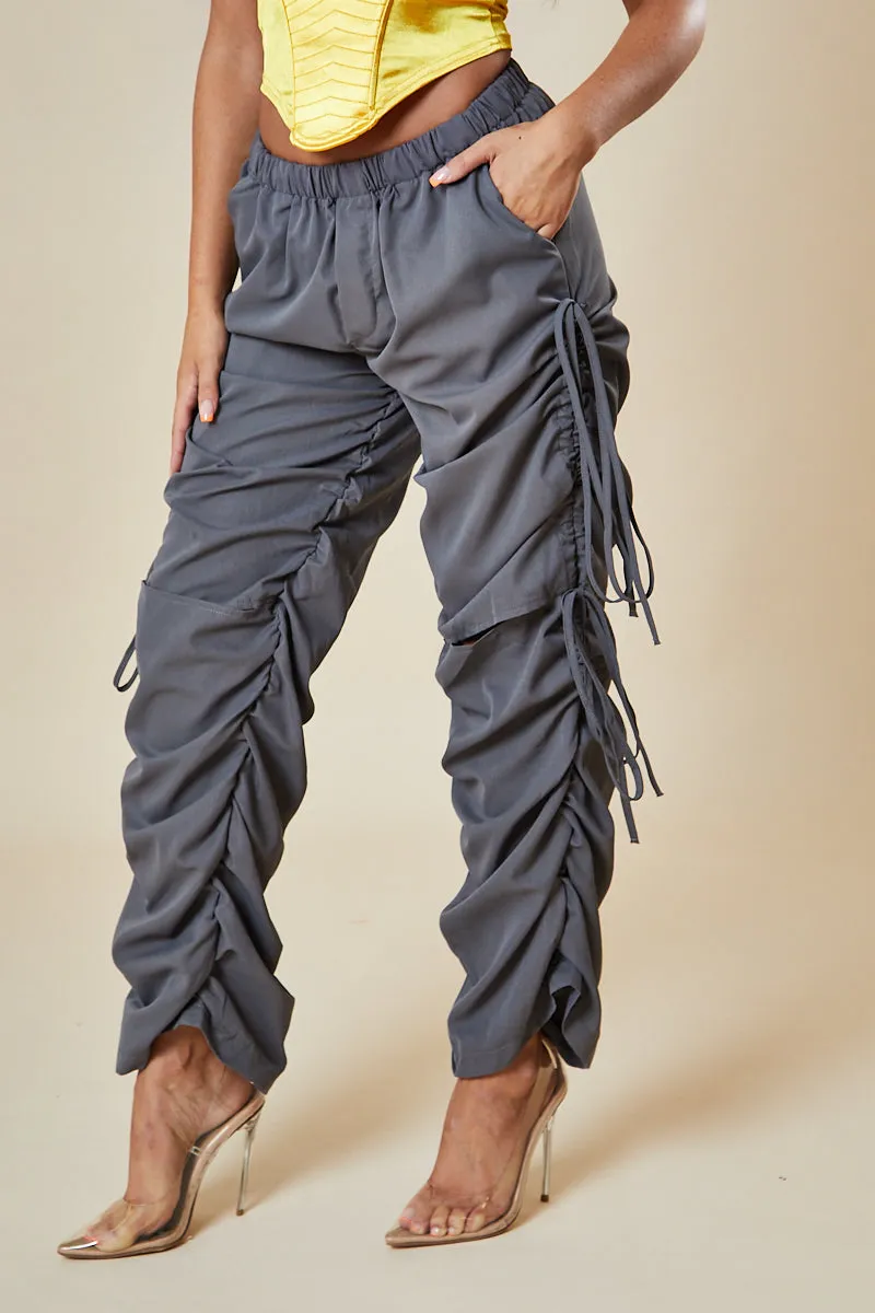 Grey Front Slit Ruched Cargo Trousers - Lone