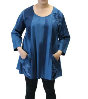 Hand Painted Cotton Swirl Swing Tunic, Blue Multi