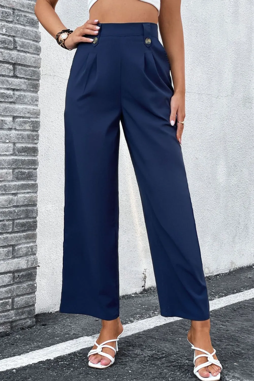 High-Rise Pleated Waist Wide Leg Pants