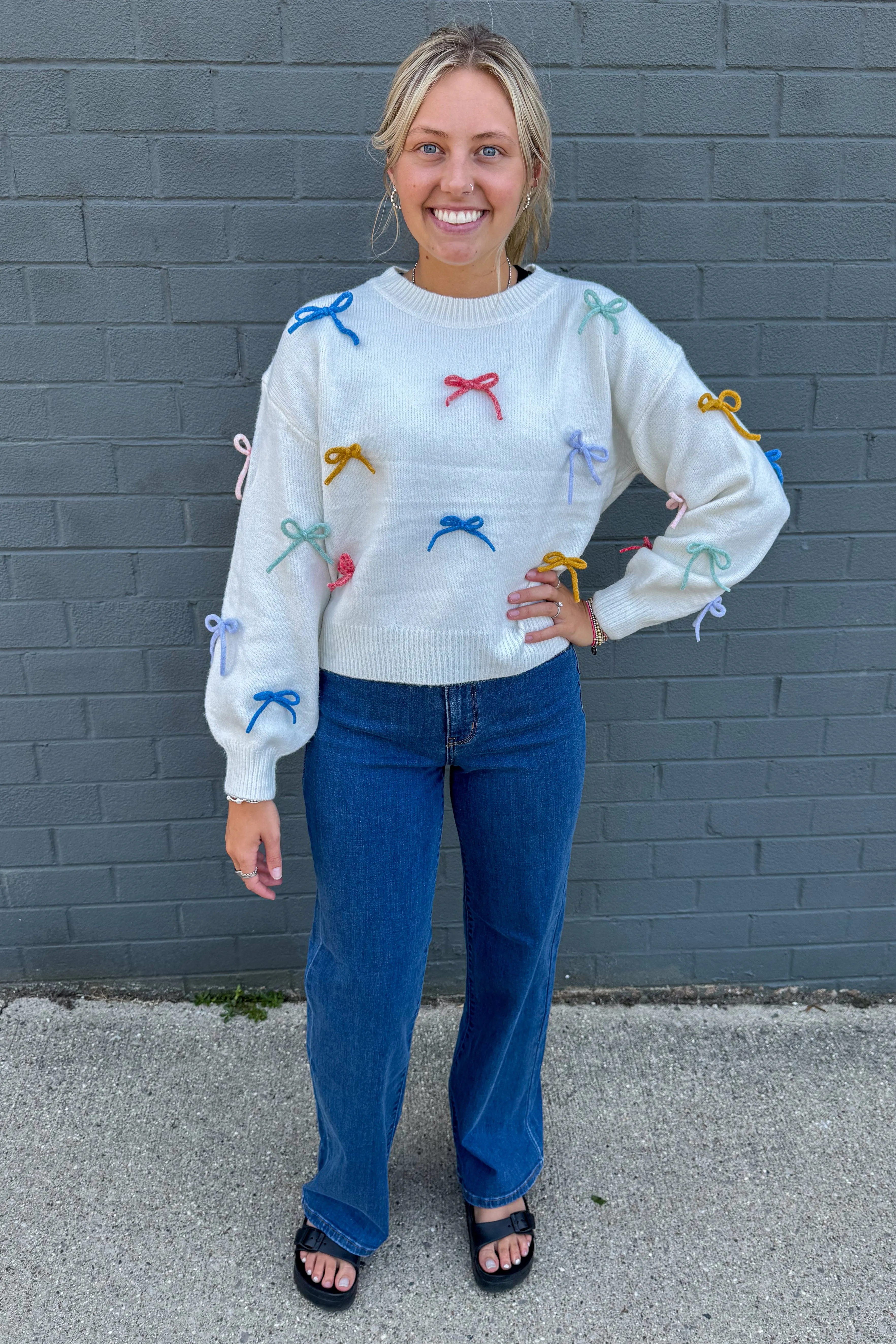 Ivory Sweater with Colorful Bows