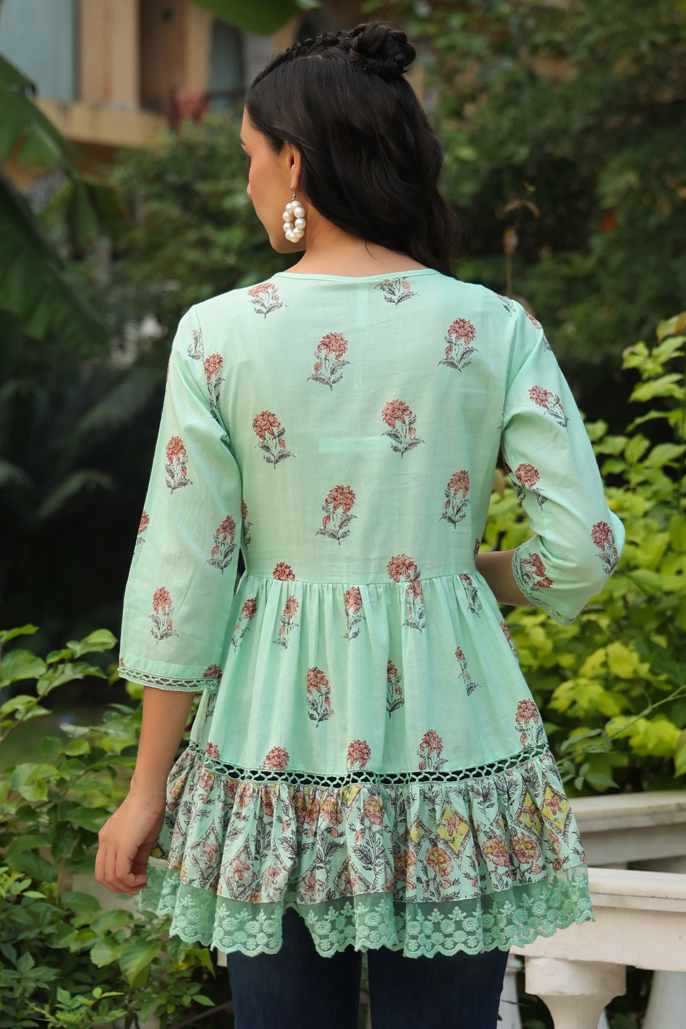 Jashvi Pista Green Floral Printed Pure Cotton Peplum Tunic With Lace