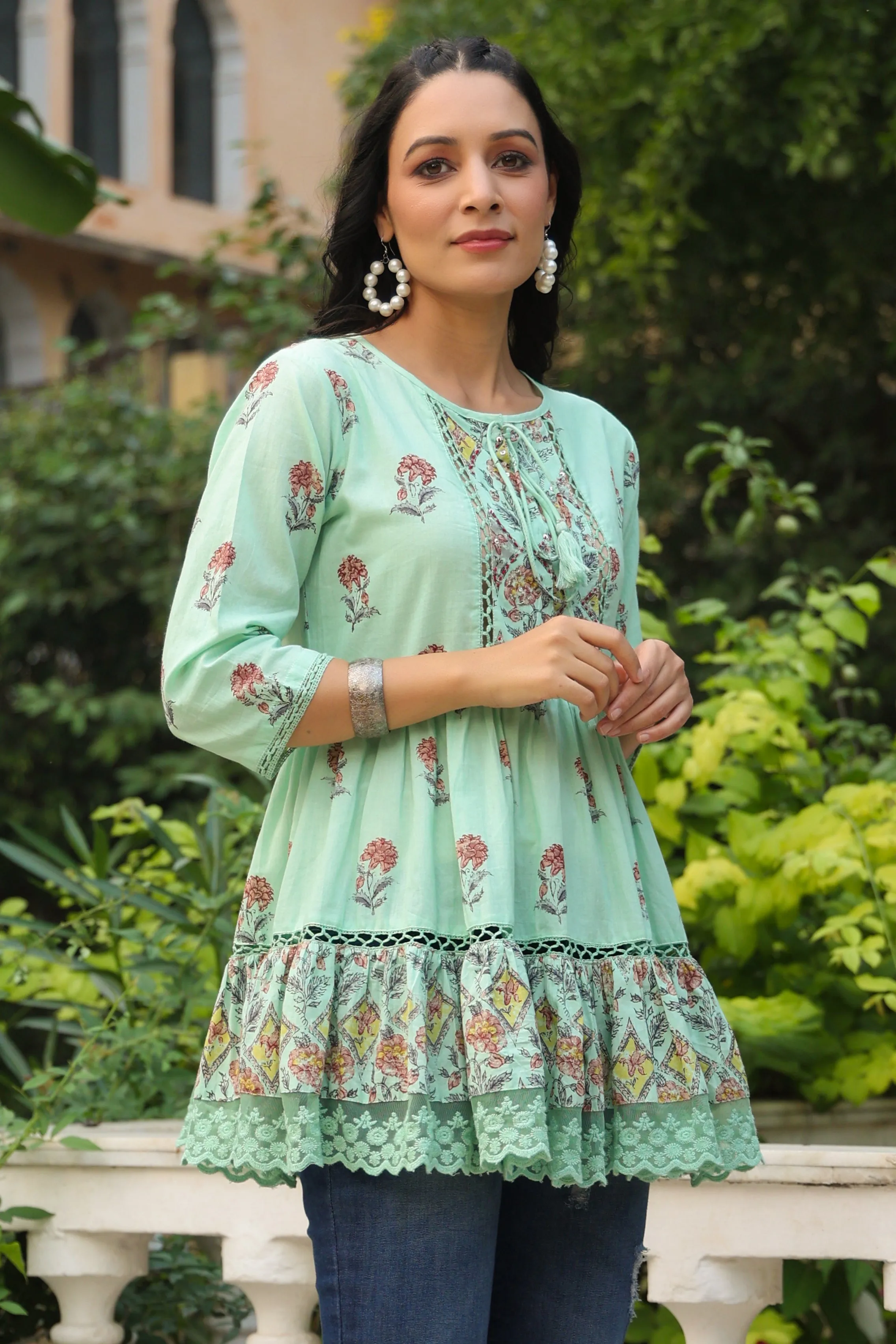 Jashvi Pista Green Floral Printed Pure Cotton Peplum Tunic With Lace