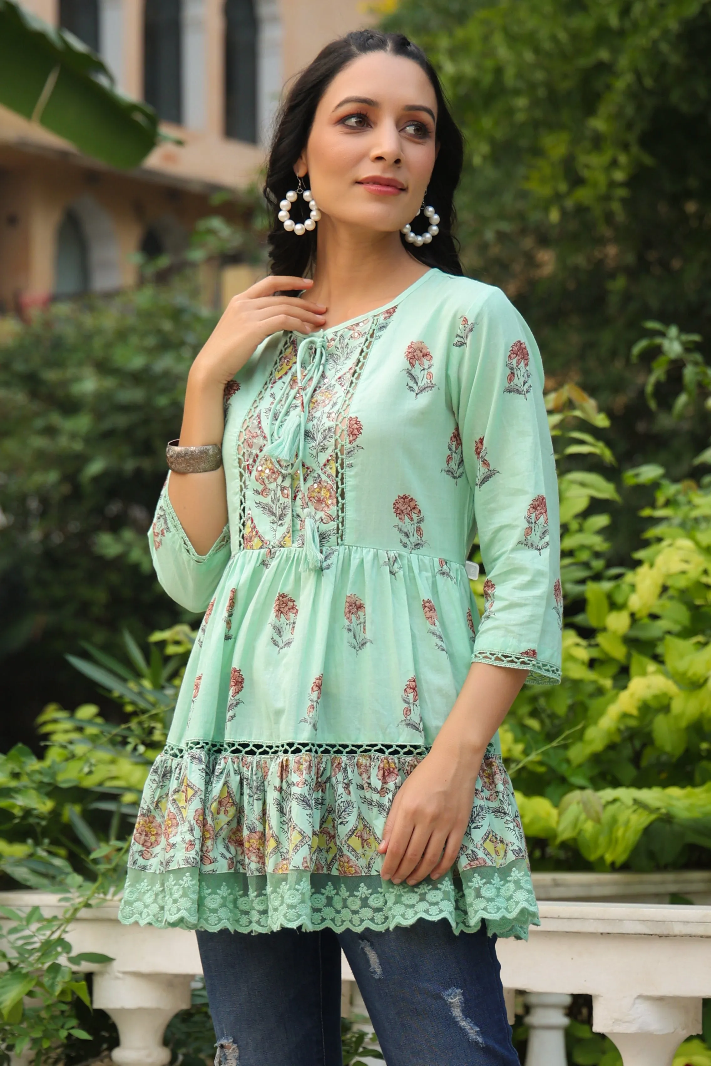 Jashvi Pista Green Floral Printed Pure Cotton Peplum Tunic With Lace