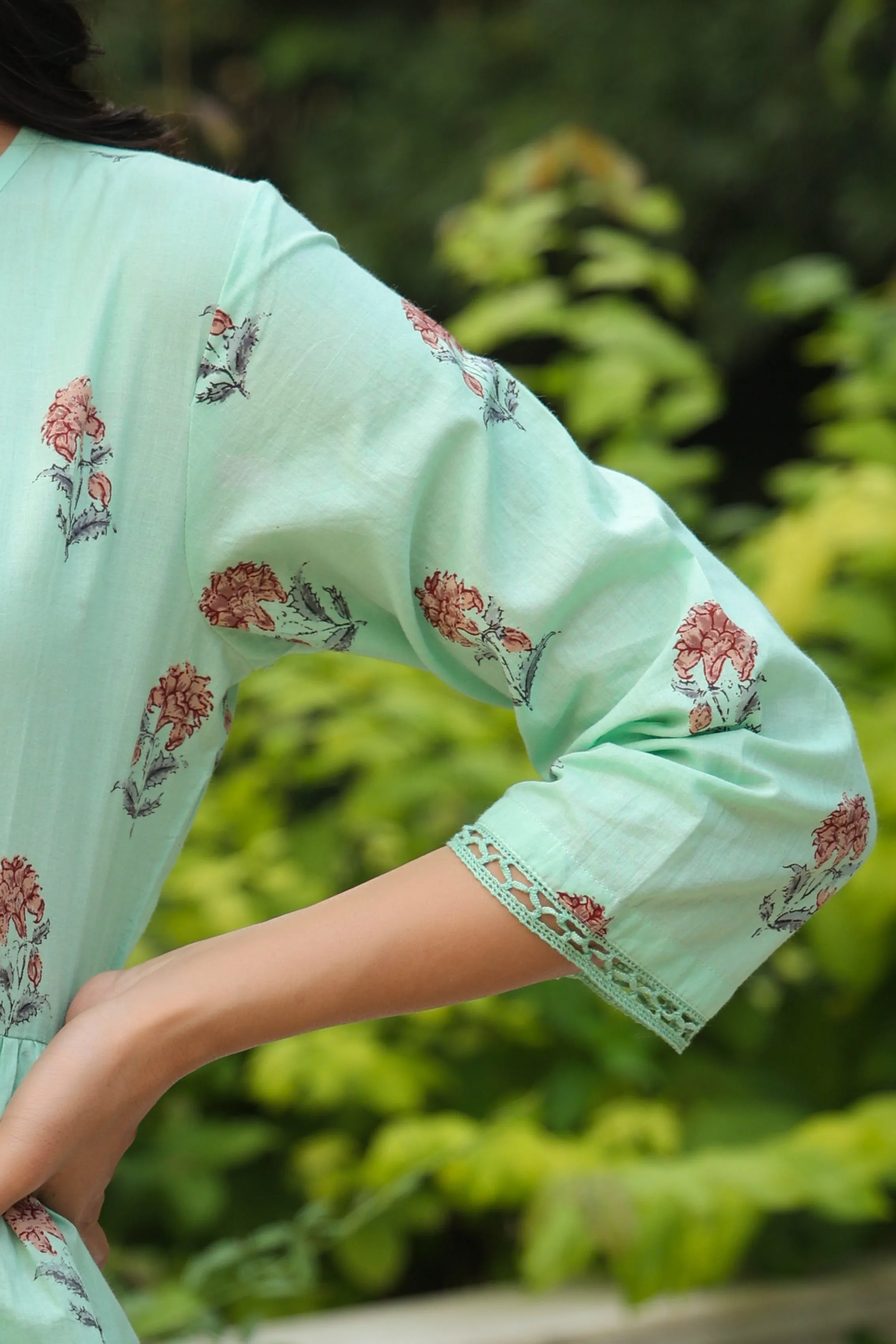 Jashvi Pista Green Floral Printed Pure Cotton Peplum Tunic With Lace