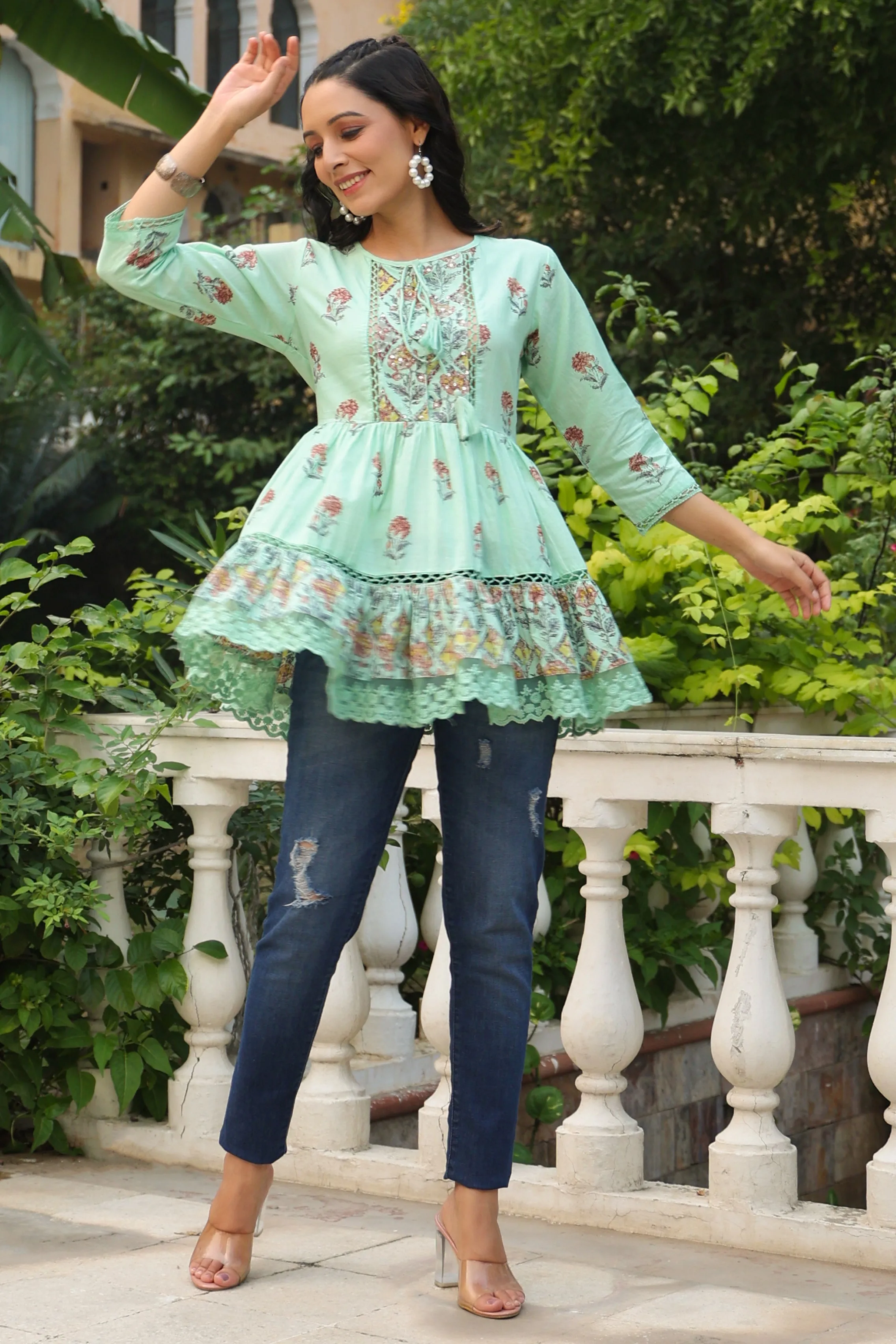 Jashvi Pista Green Floral Printed Pure Cotton Peplum Tunic With Lace