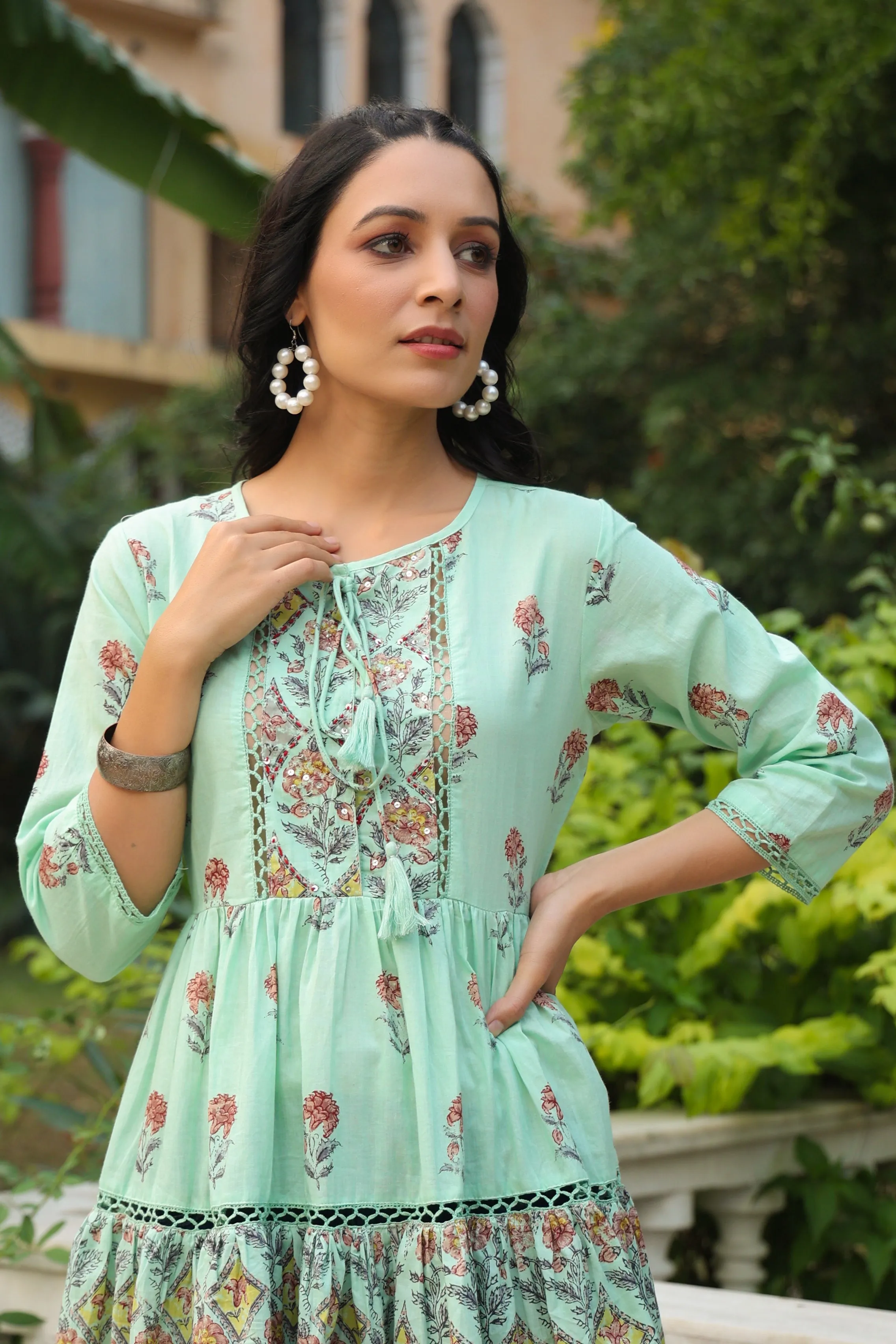 Jashvi Pista Green Floral Printed Pure Cotton Peplum Tunic With Lace