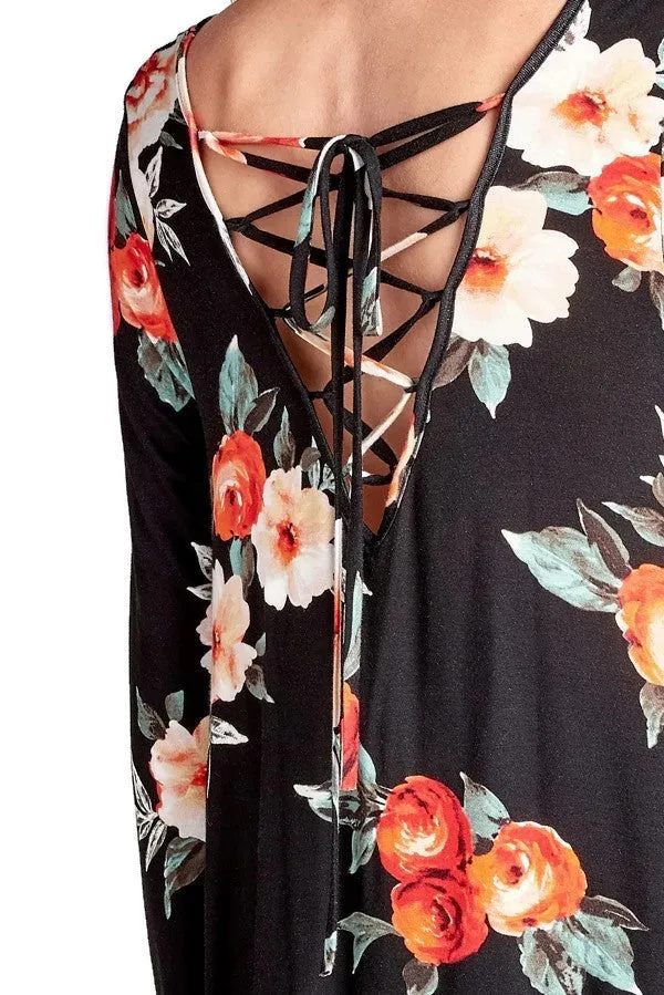 Lace Up Floral Swing Tunic, Black