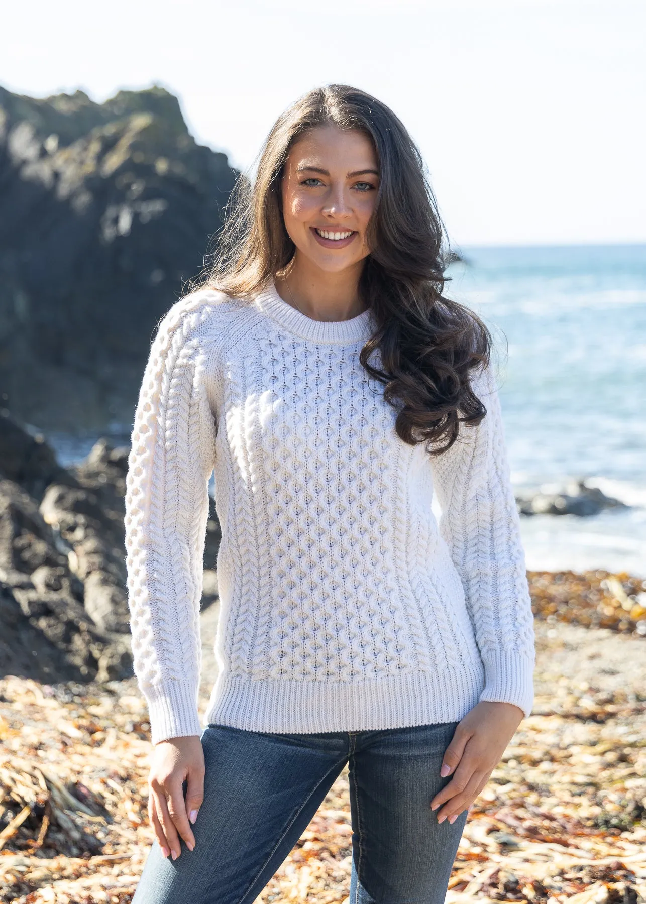 Ladies Slim-Fit Aran Sweater | Natual