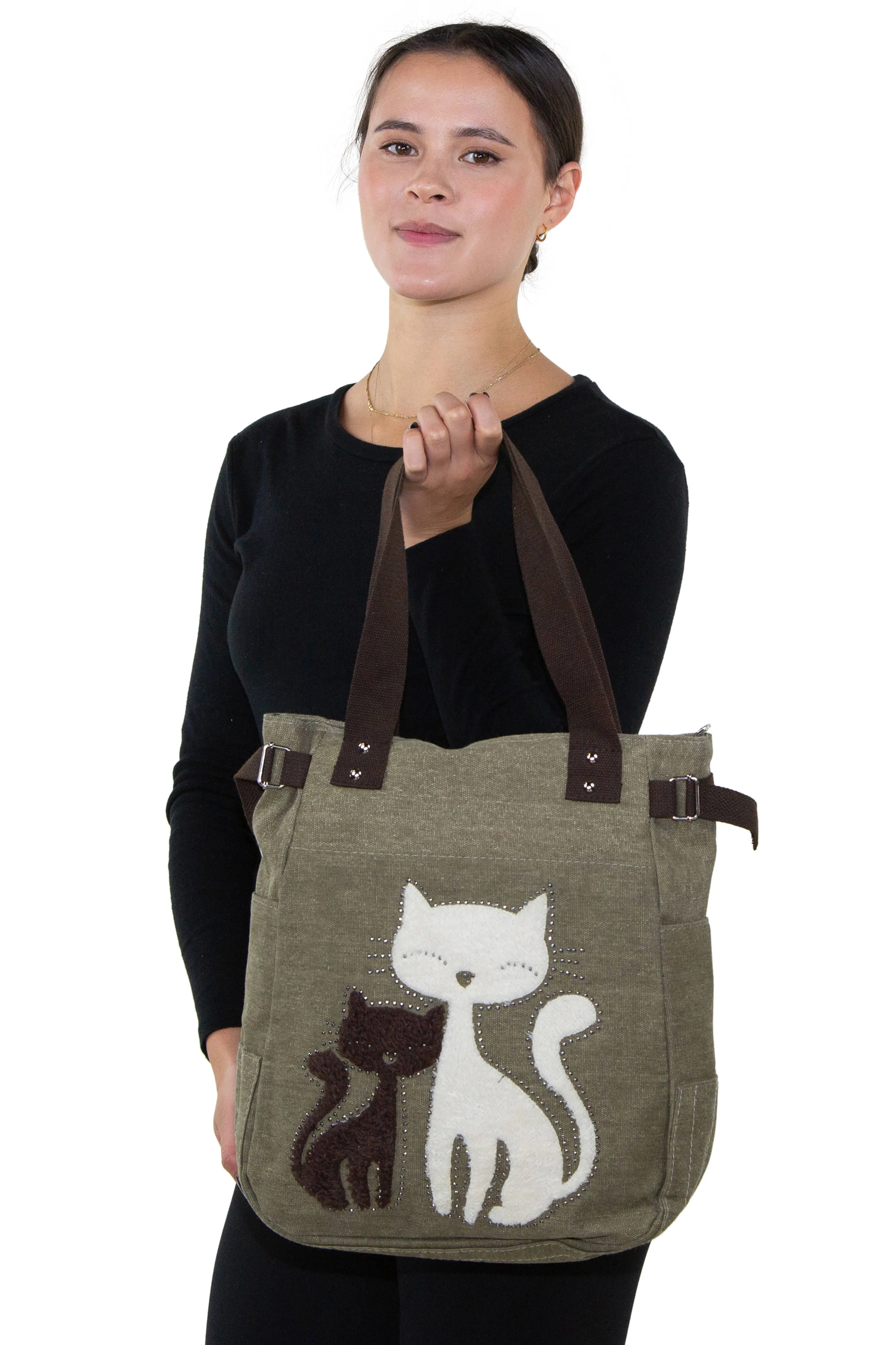 Lovely Cats With Faux Fur And Studs Tote Bag Green