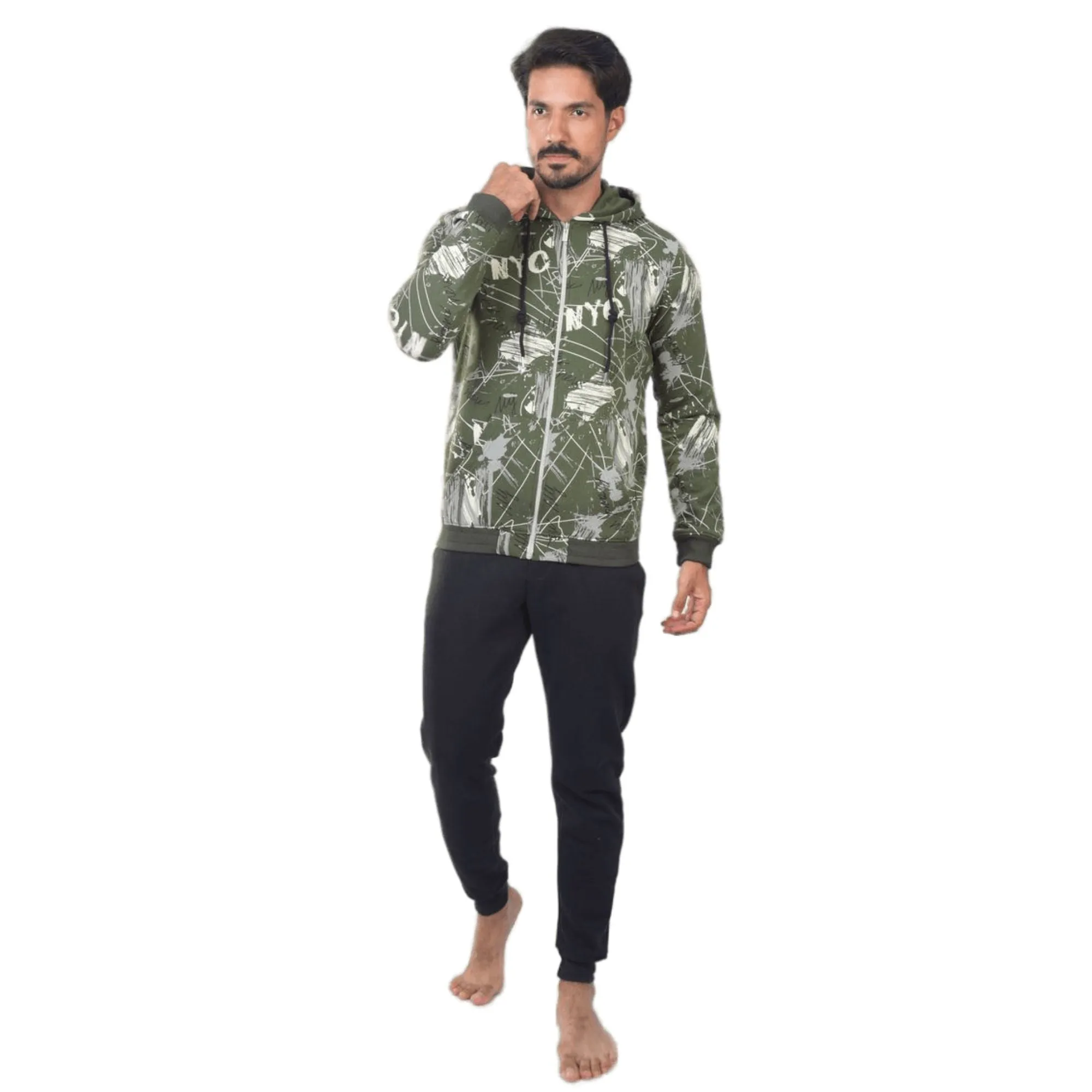 Men's Digital Printed Winter Pajama Set - Green Hoodie and Grey Sweatpants