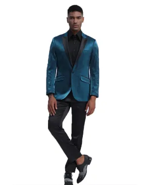 Mens Satin Peak lapel Smoking Jacket in Teal | Prom