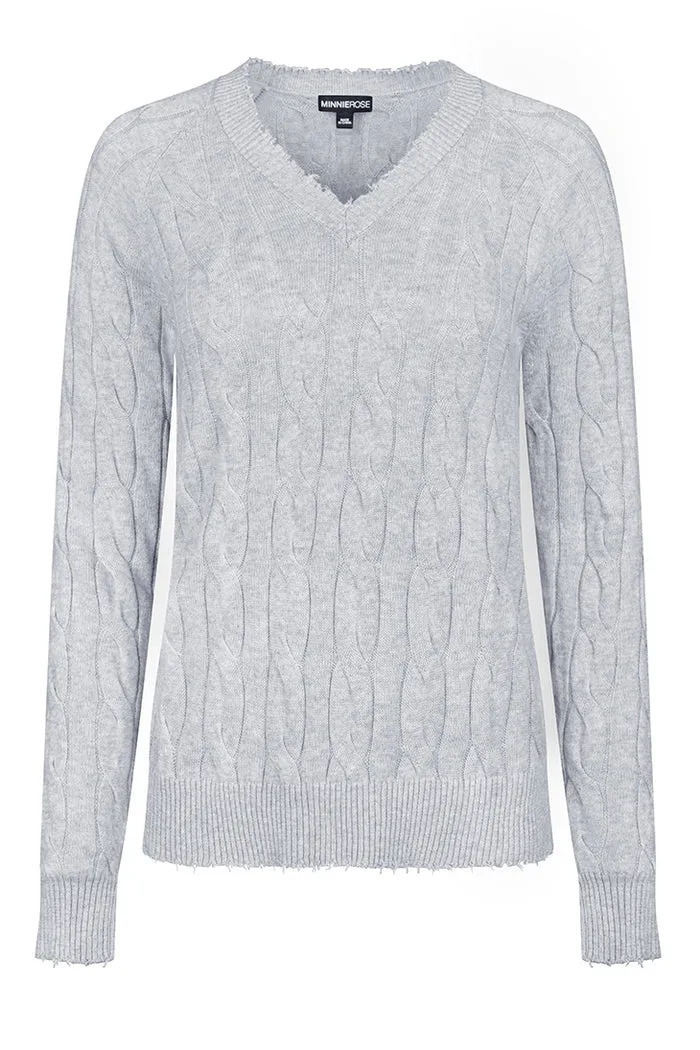 Minnie Rose Cotton Cable Long Sleeve V Neck with Frayed Edges Grey Shadow