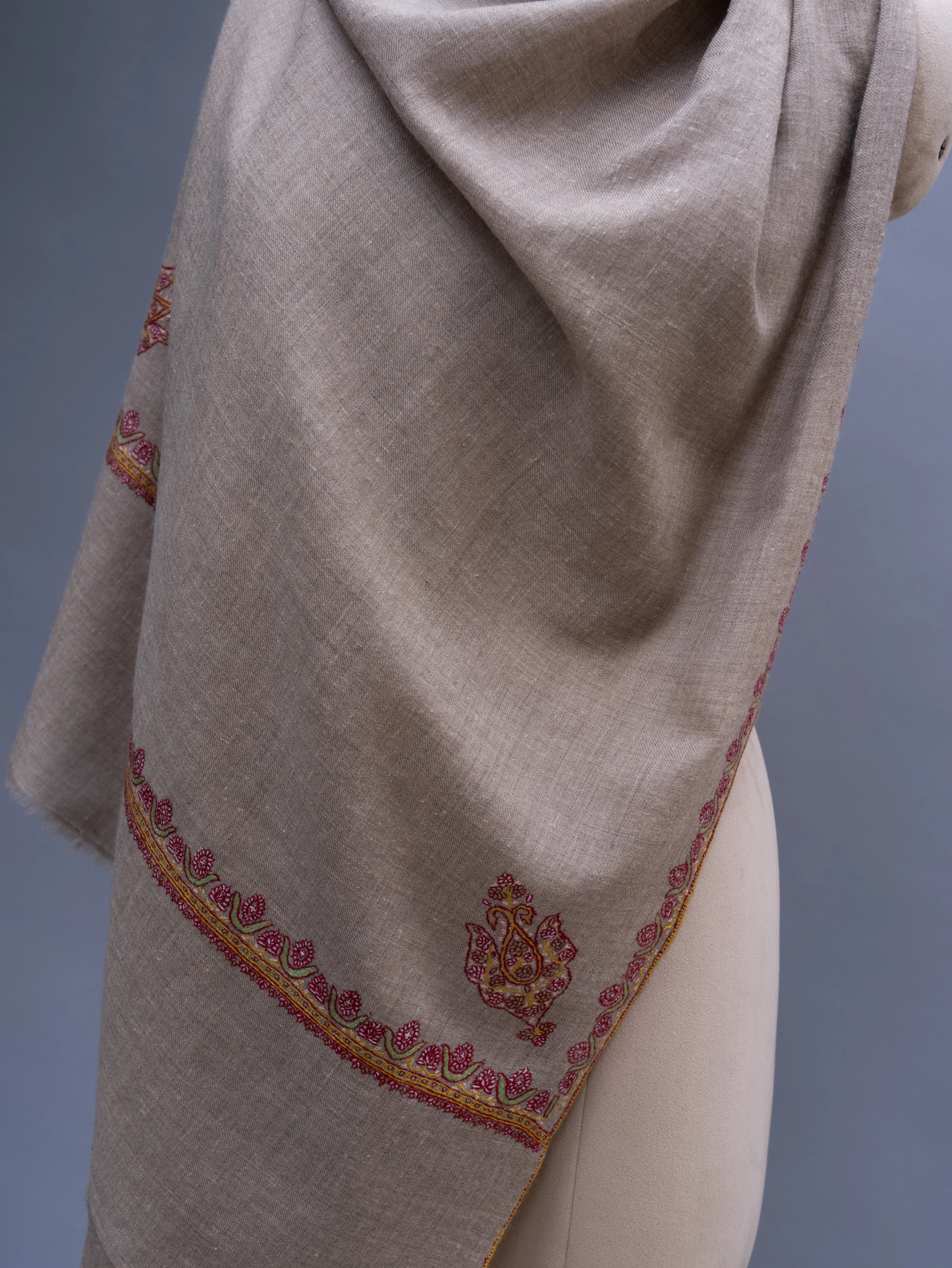 Natural Grey Border Embroidery Cashmere Scarf