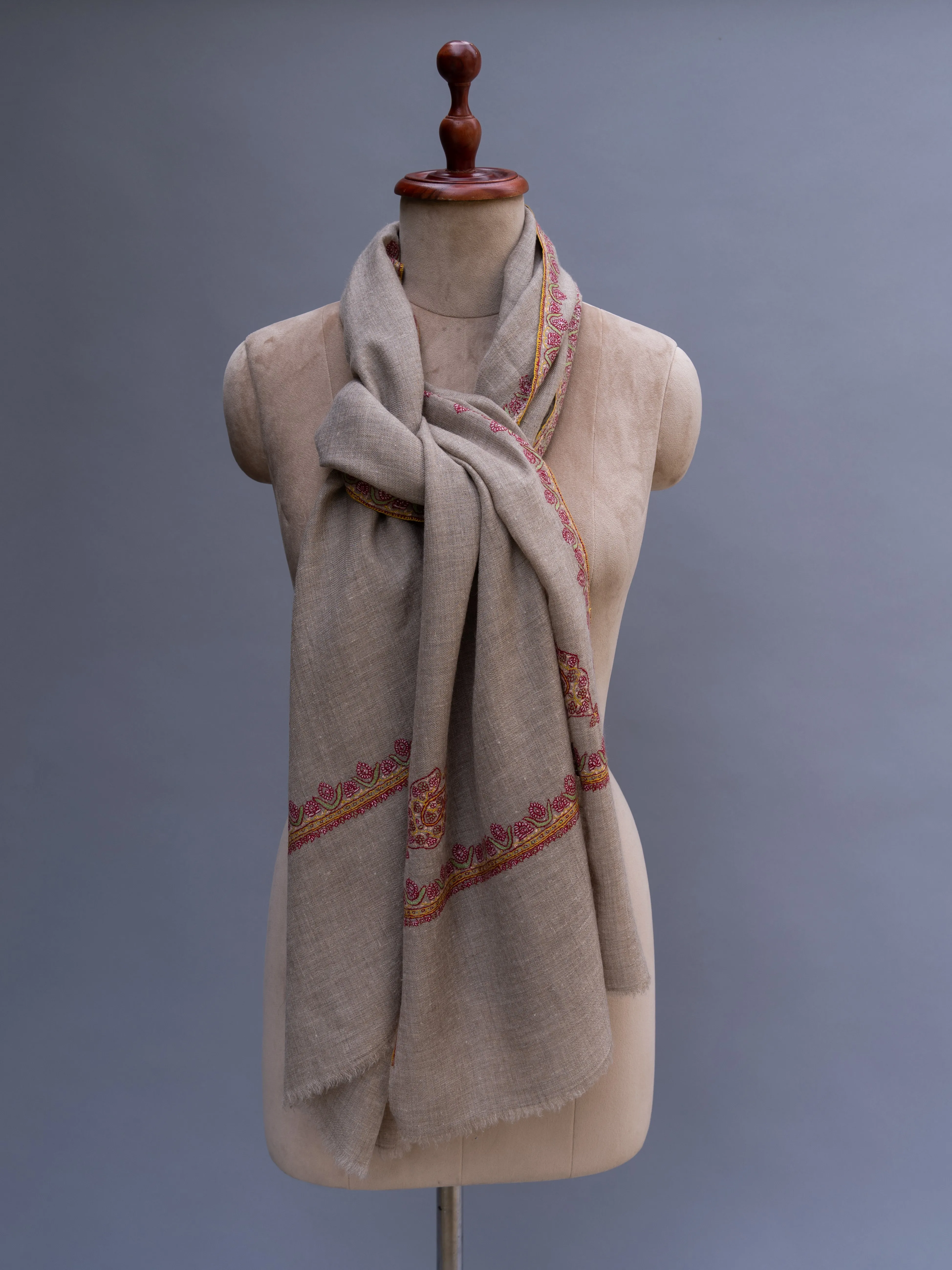 Natural Grey Border Embroidery Cashmere Scarf