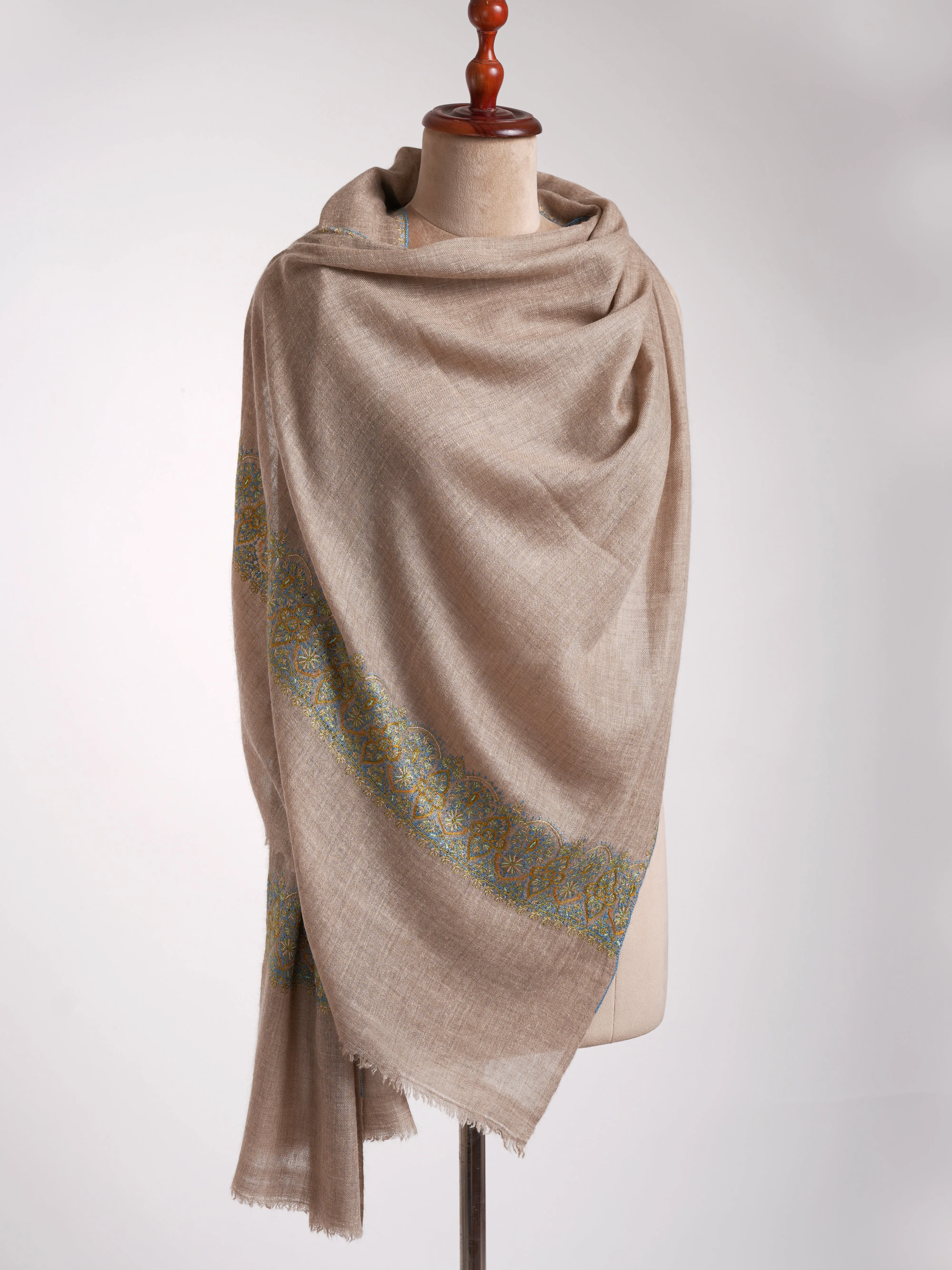 Natural Grey Cashmere Embroidered Kashmiri Stole