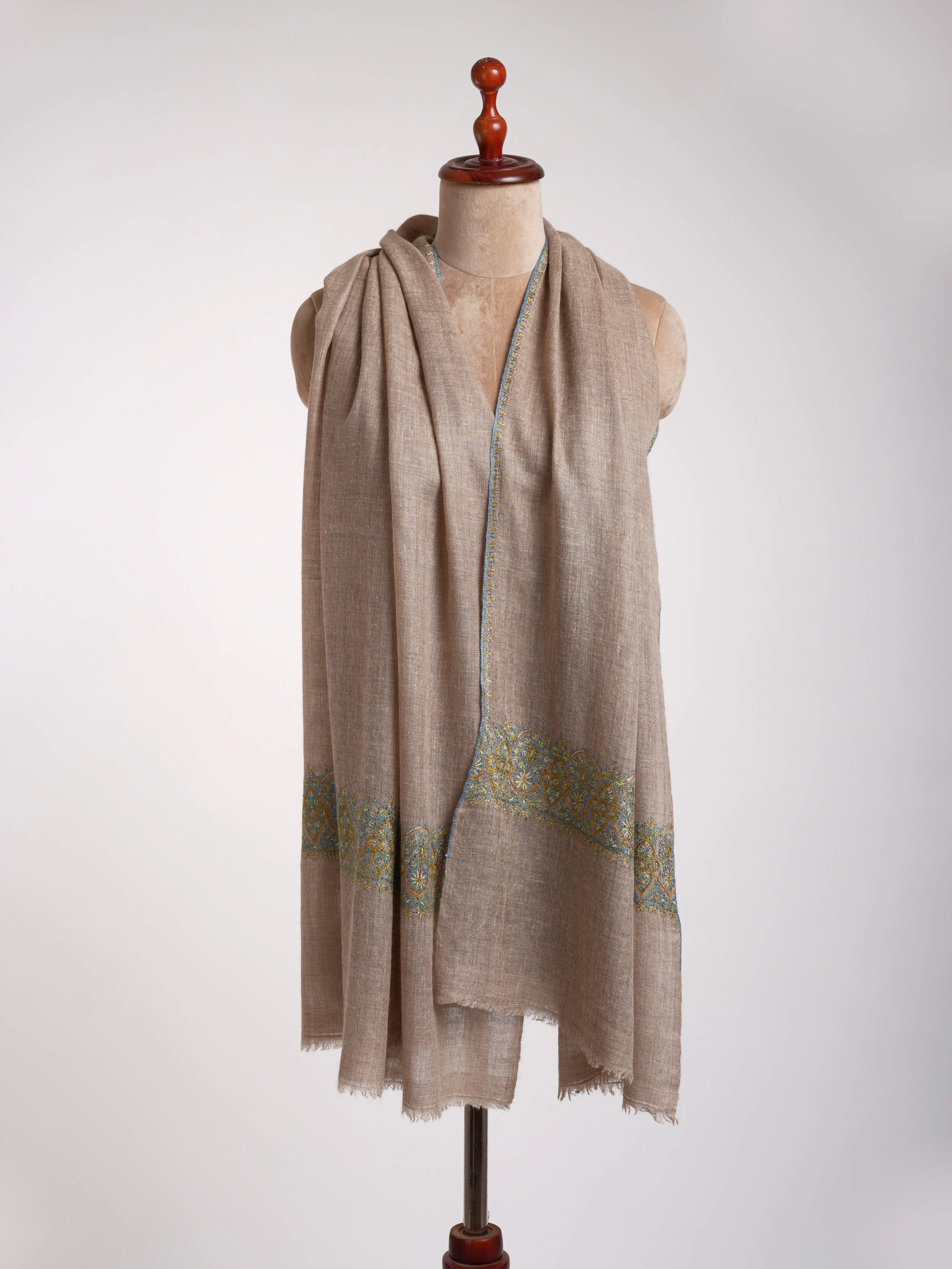 Natural Grey Cashmere Embroidered Kashmiri Stole