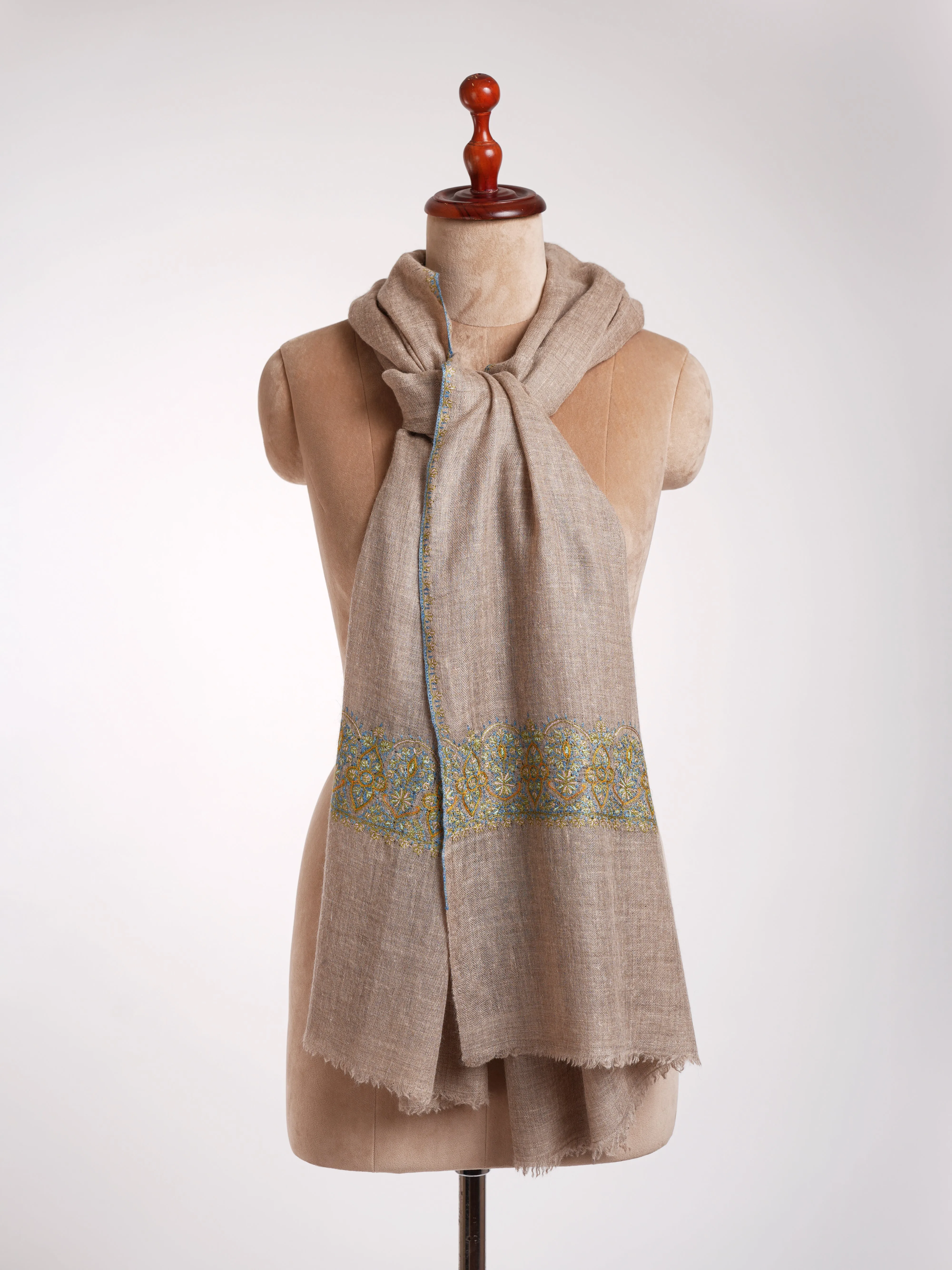 Natural Grey Cashmere Embroidered Kashmiri Stole