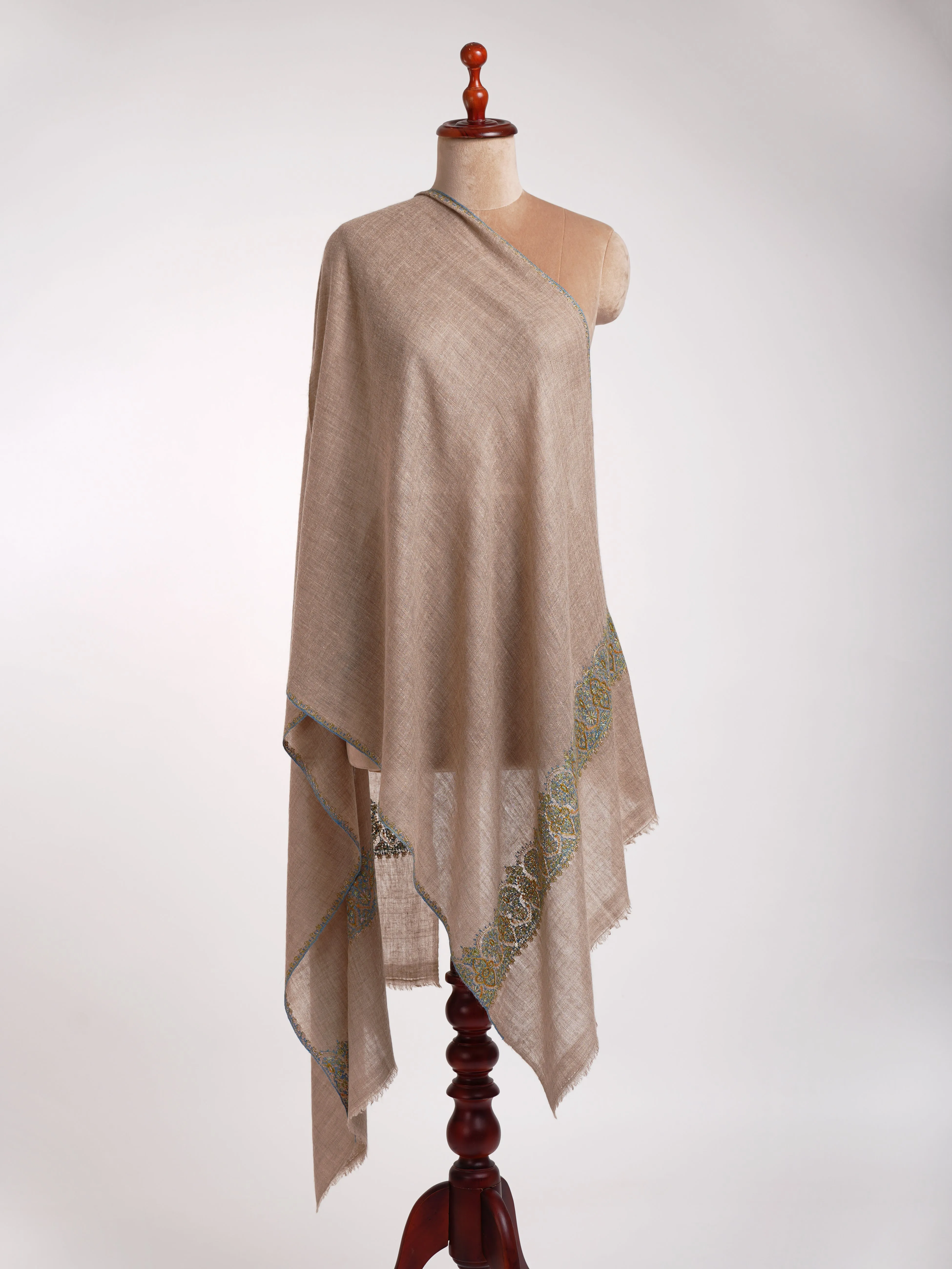 Natural Grey Cashmere Embroidered Kashmiri Stole