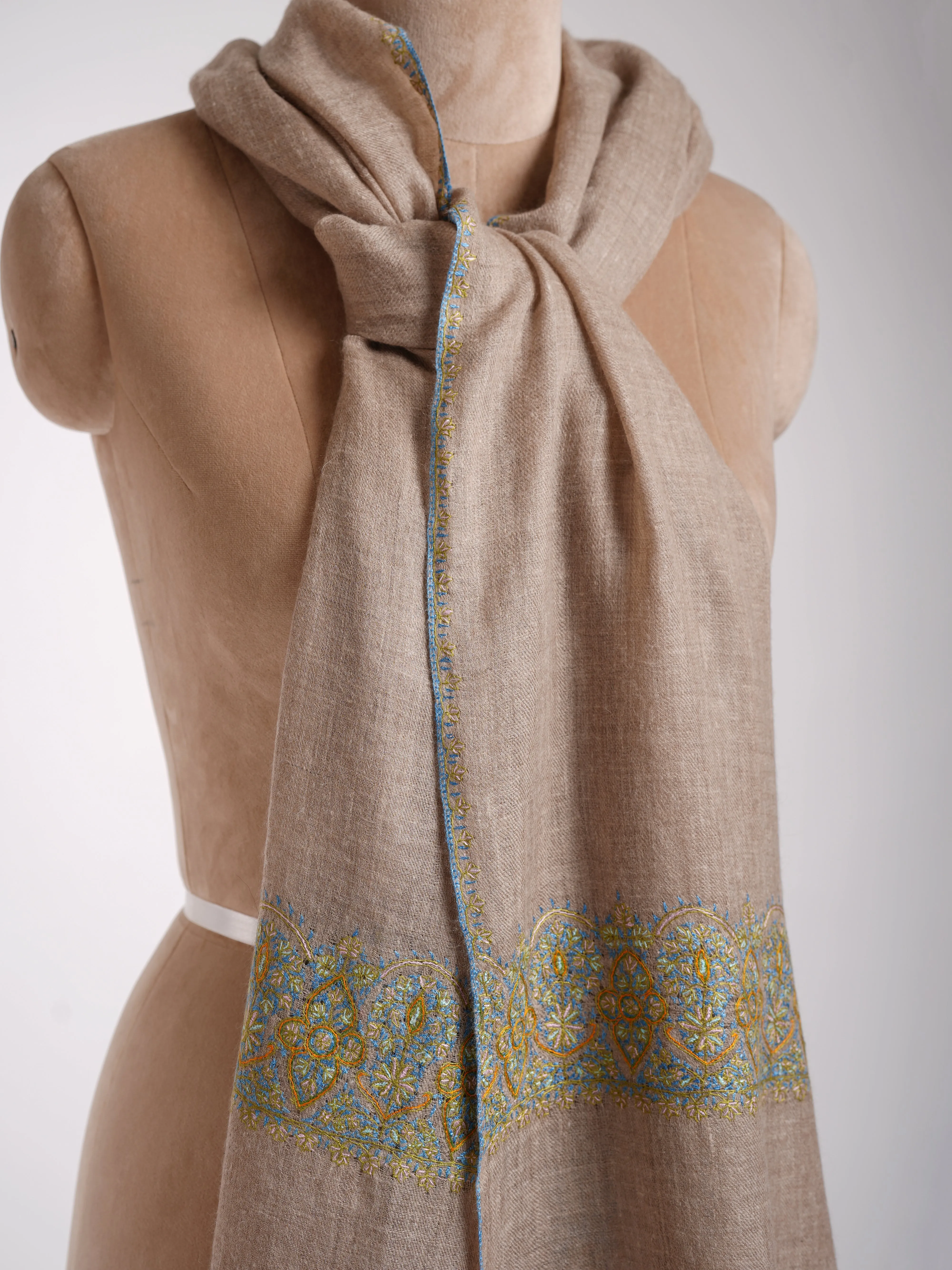 Natural Grey Cashmere Embroidered Kashmiri Stole