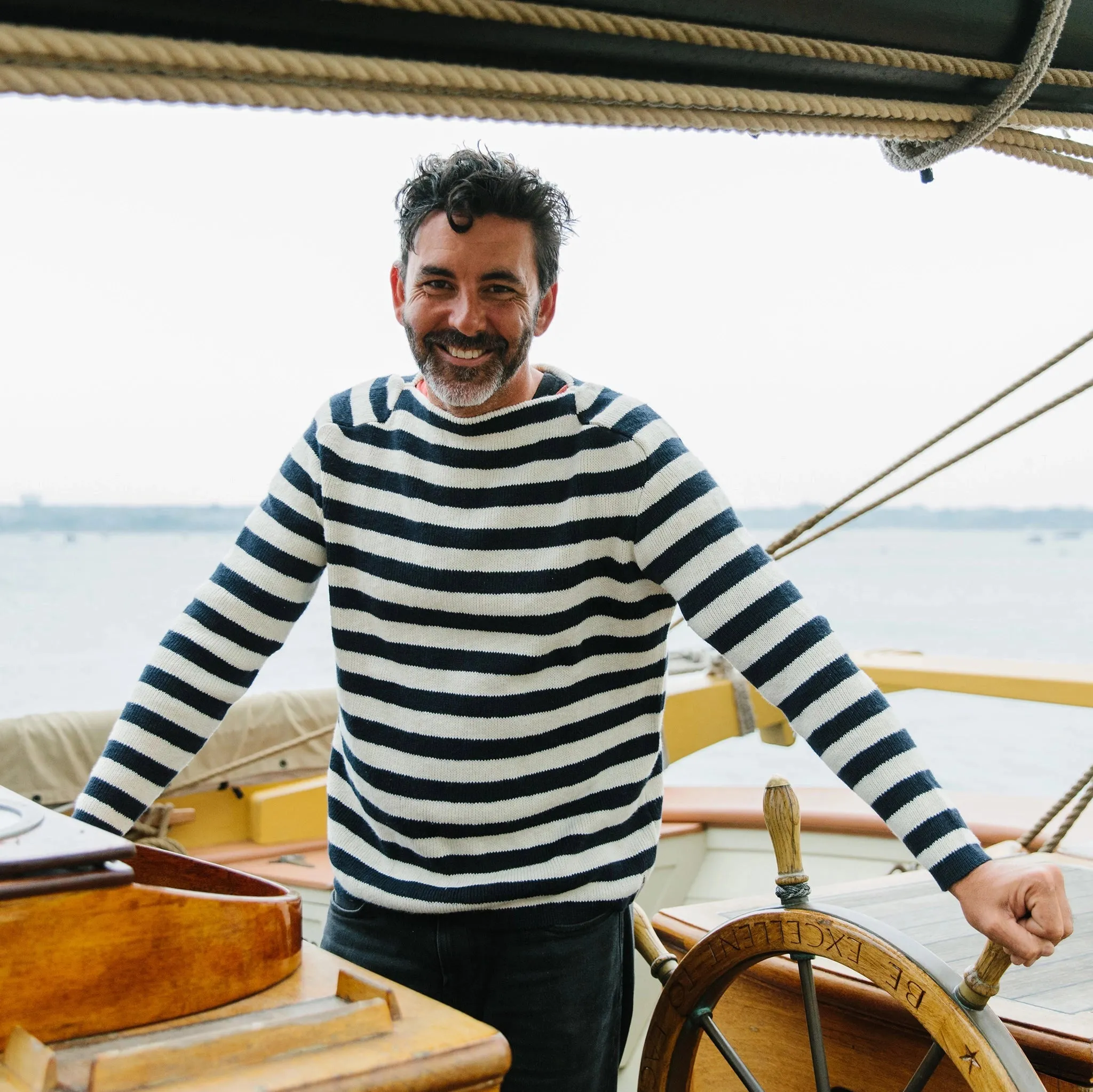 Navy & Cream Stripe Boatneck Sweater