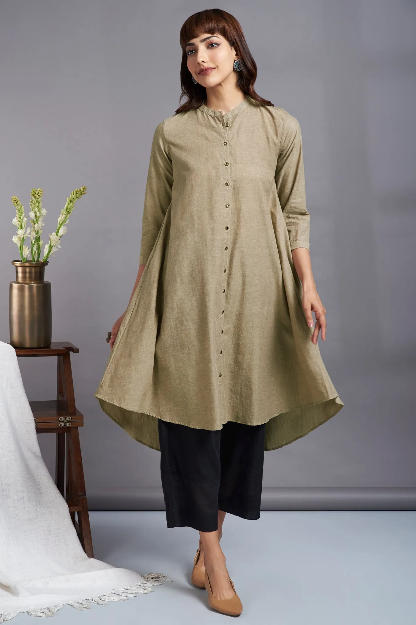 oatmeal beige - cotton asymmetrical hemline button down tunic