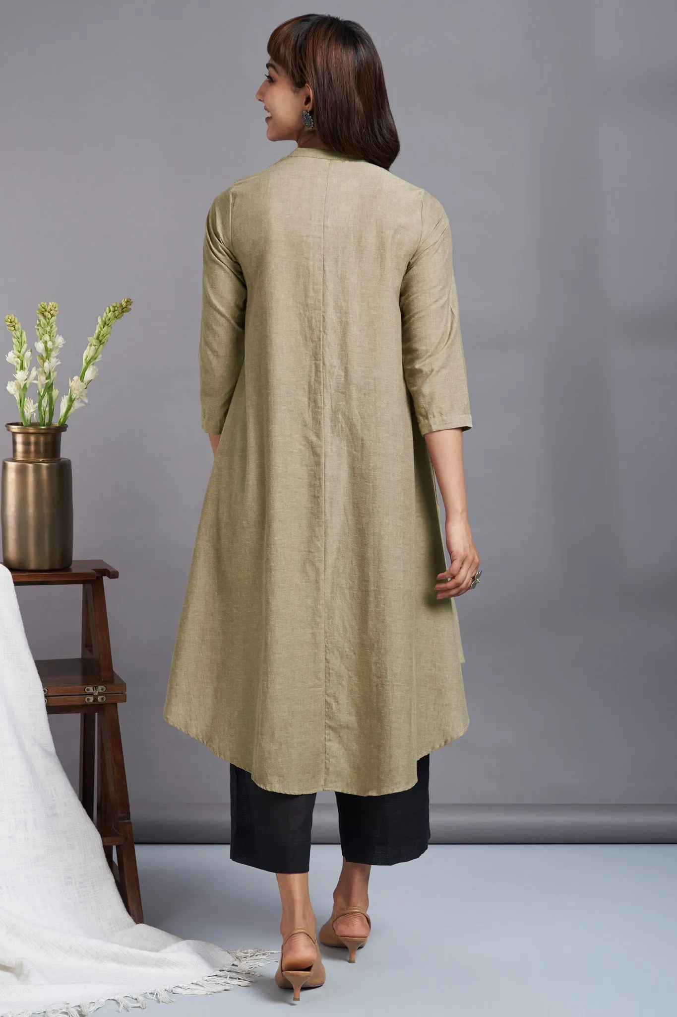 oatmeal beige - cotton asymmetrical hemline button down tunic