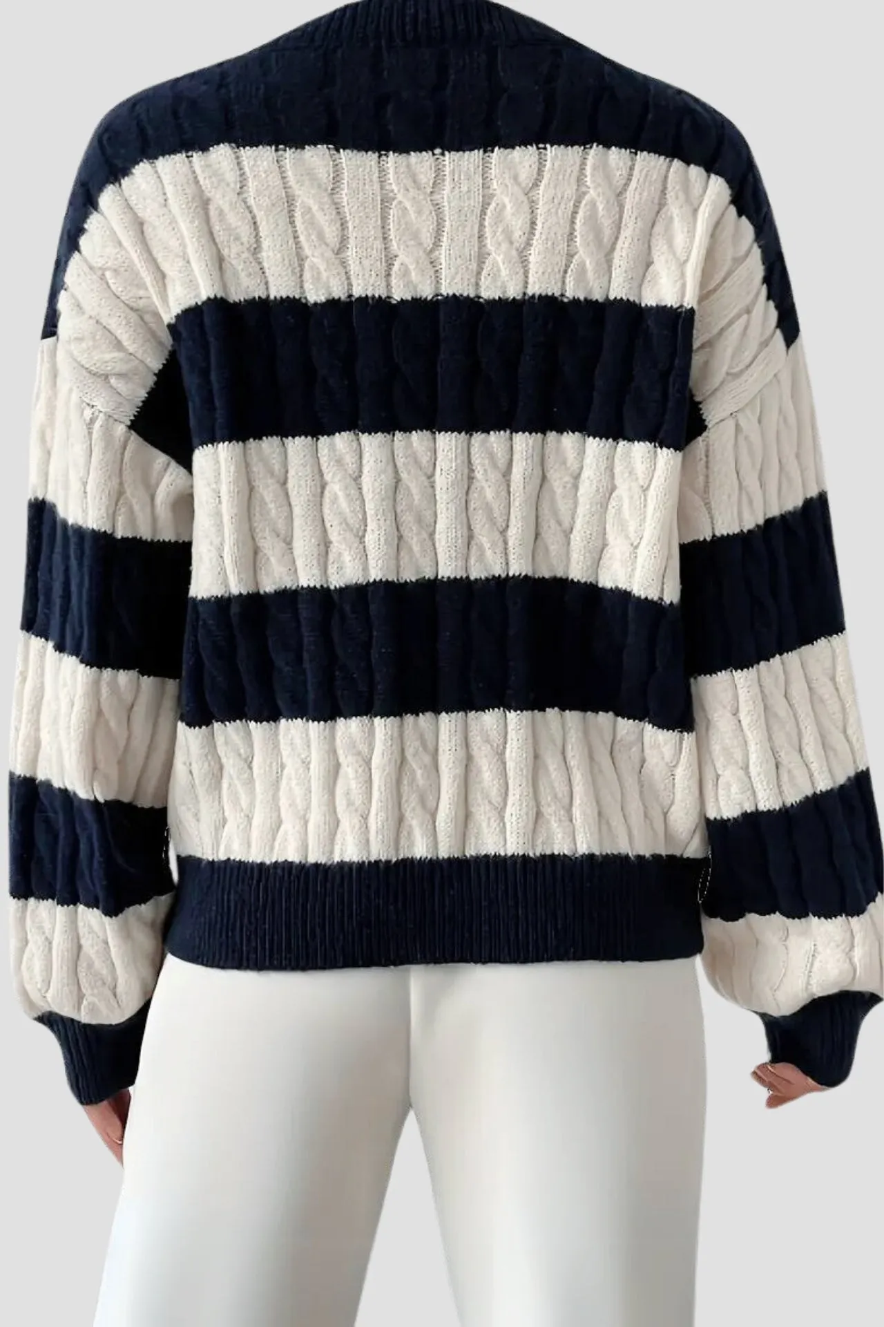 Old Money Cable Knit Color Block V Neck Elegant Drop Shoulder Sweater