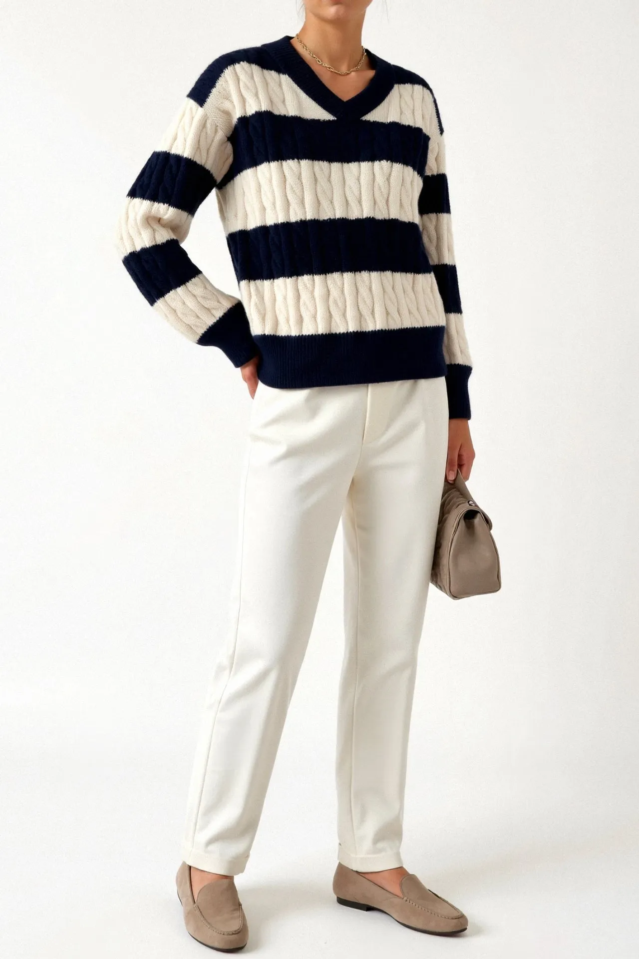 Old Money Cable Knit Color Block V Neck Elegant Drop Shoulder Sweater