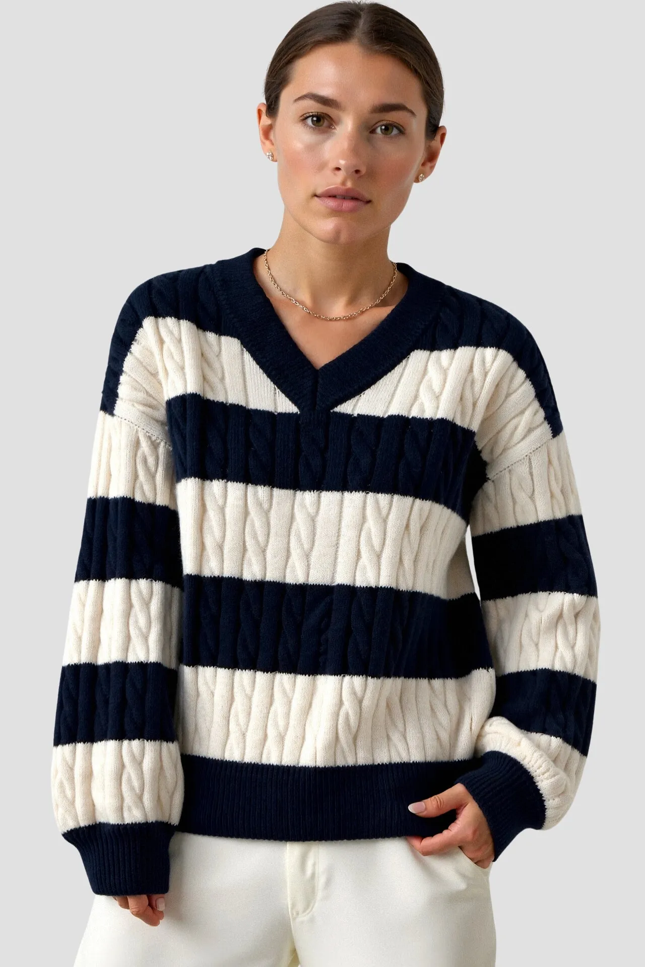 Old Money Cable Knit Color Block V Neck Elegant Drop Shoulder Sweater