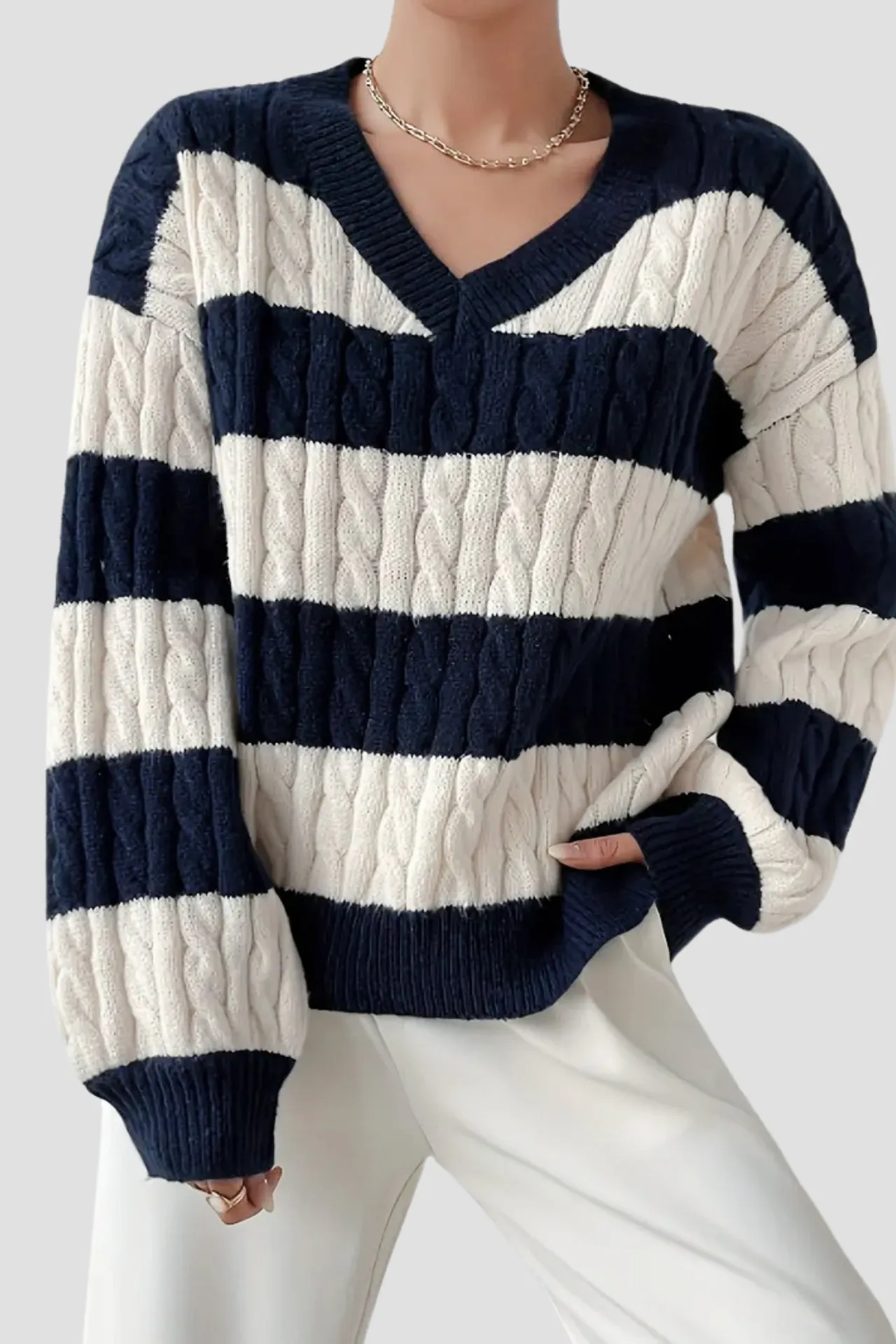 Old Money Cable Knit Color Block V Neck Elegant Drop Shoulder Sweater